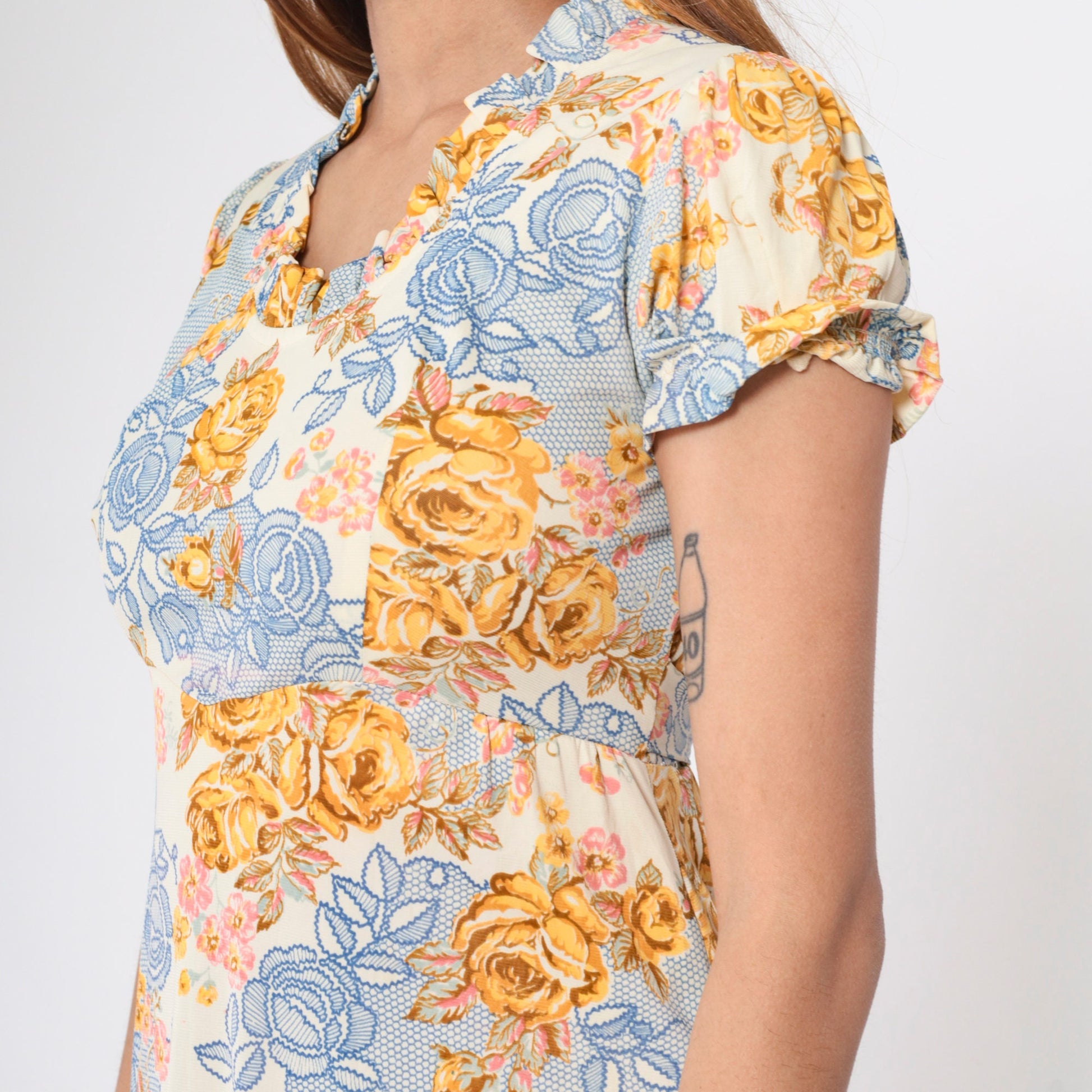 70s Floral Maxi Dress Empire Waist Puff Sleeve Cream Rose Print Small S