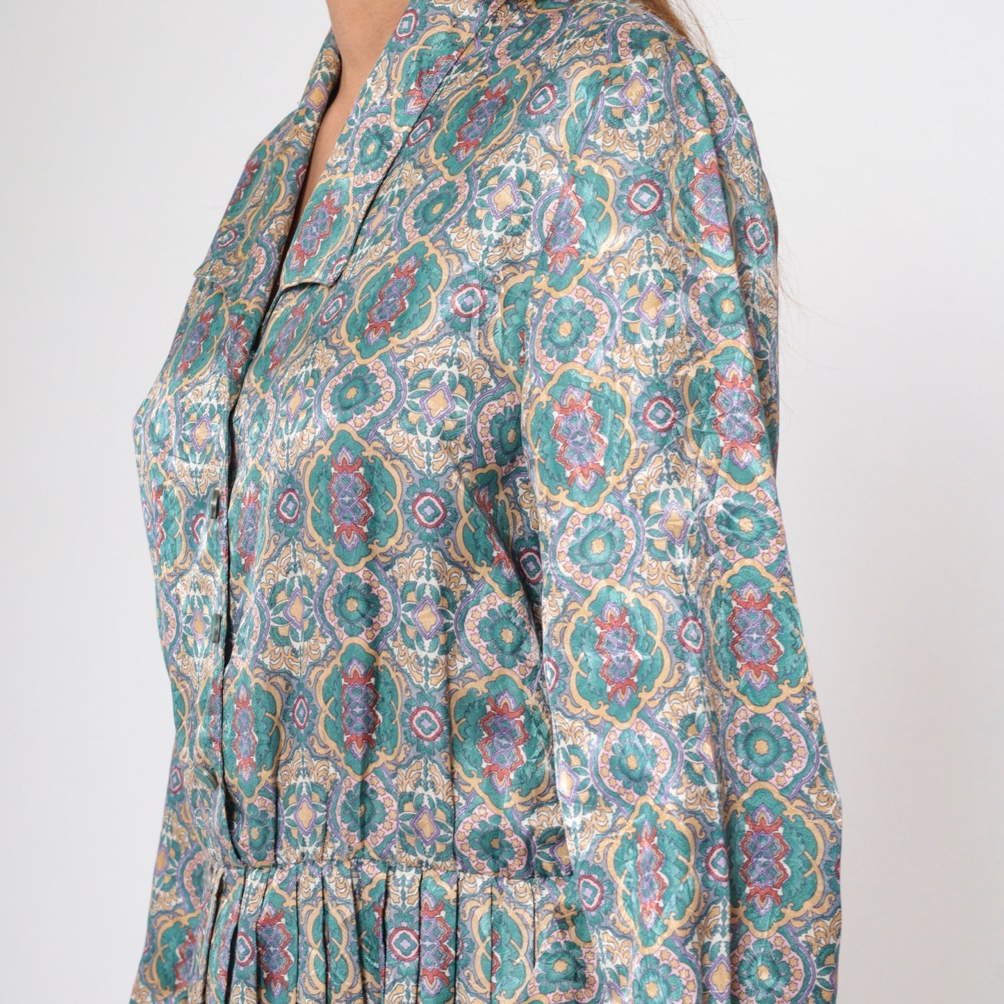 80s Shirtwaist Midi Dress Floral Mandala Print High Waisted Pleated Medium