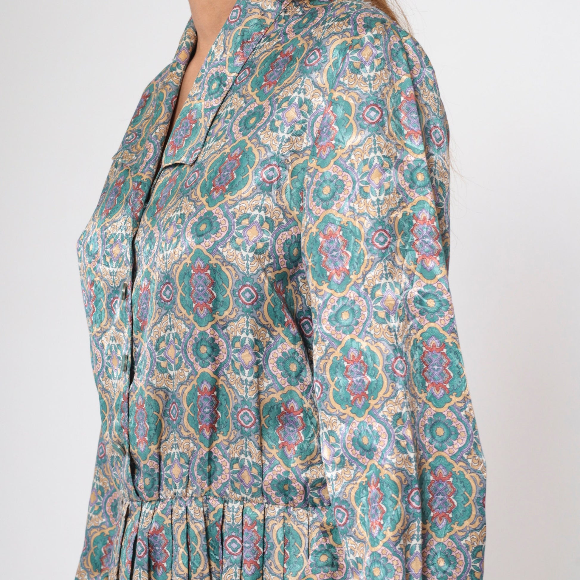 80s Shirtwaist Midi Dress Floral Mandala Print High Waisted Pleated Medium