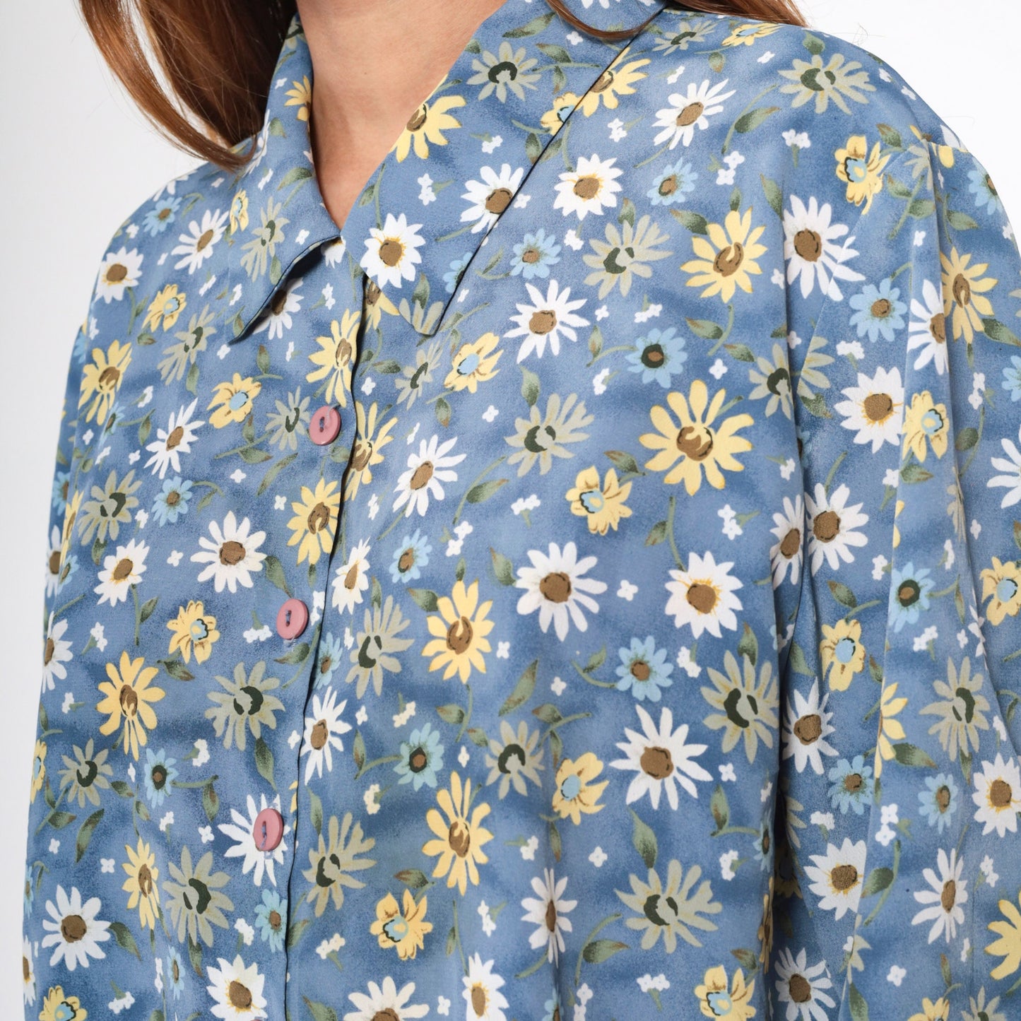 90s Blue Floral Button-Up Blouse Long Sleeve Collared Shirt Extra Large XL