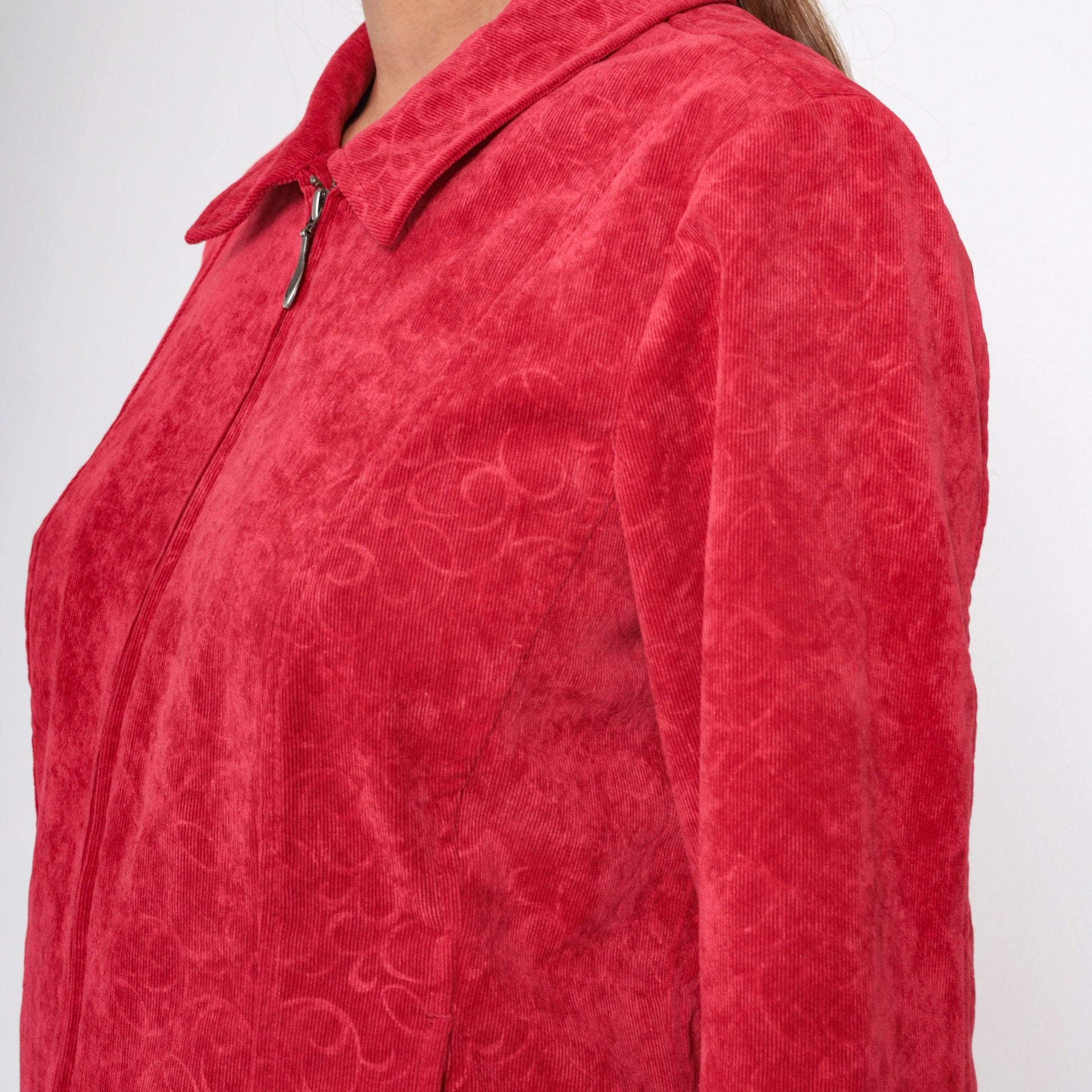 90s Red Corduroy Jacket Baroque Scroll Zip-Up Medium