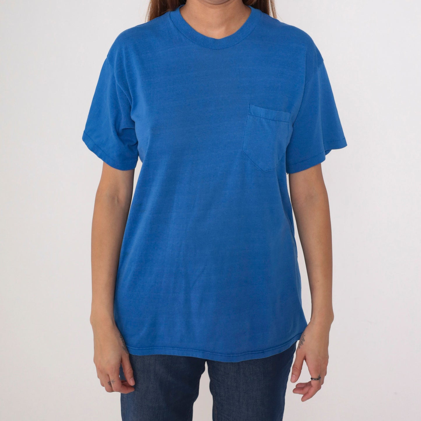 80s Blue Striped Pocket T-Shirt Cotton Blend Crewneck Medium