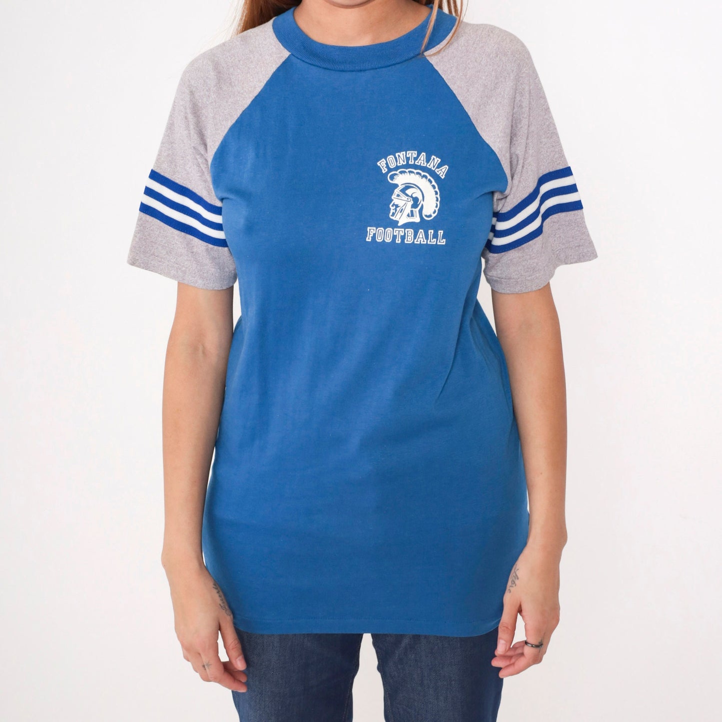 80s Velva Sheen Fontana Football Ringer Tee Blue Raglan Sleeve Small