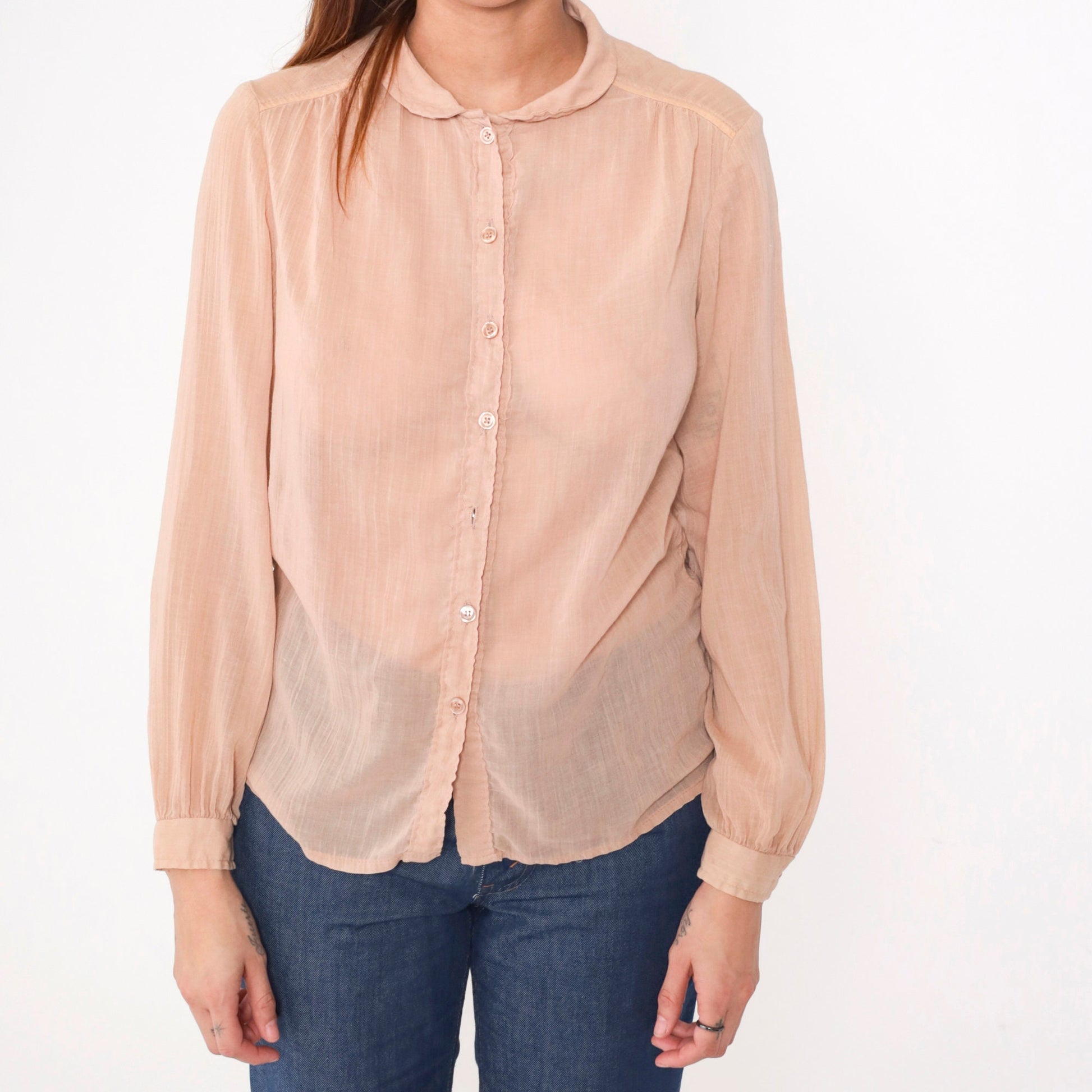 70s Tan Gauze Blouse Peter Pan Collar Button Up Long Sleeve Small