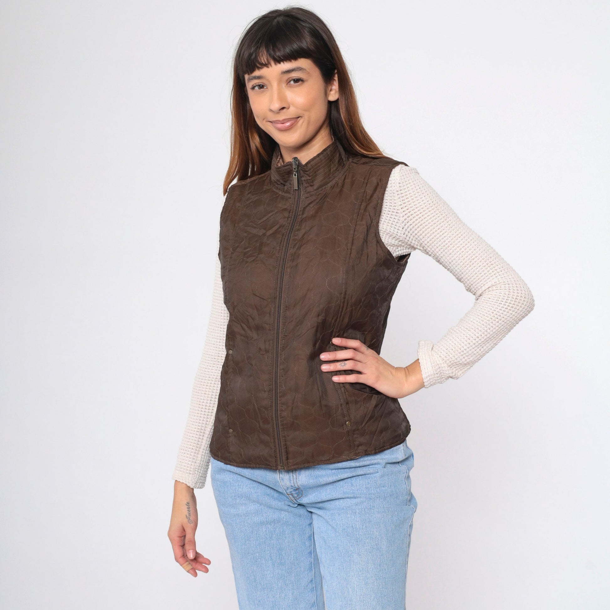 90s Leopard & Brown Reversible Quilted Vest Zip-Up Small