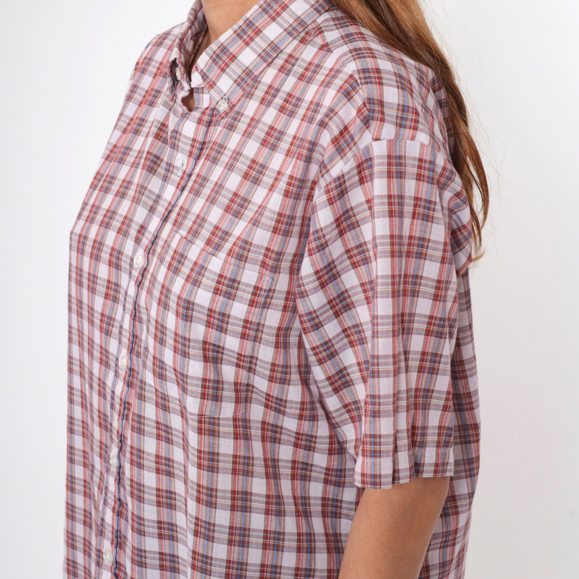 80s Grand Banks Plaid Button-Up Shirt Red White Brown Tartan Short Sleeve Large
