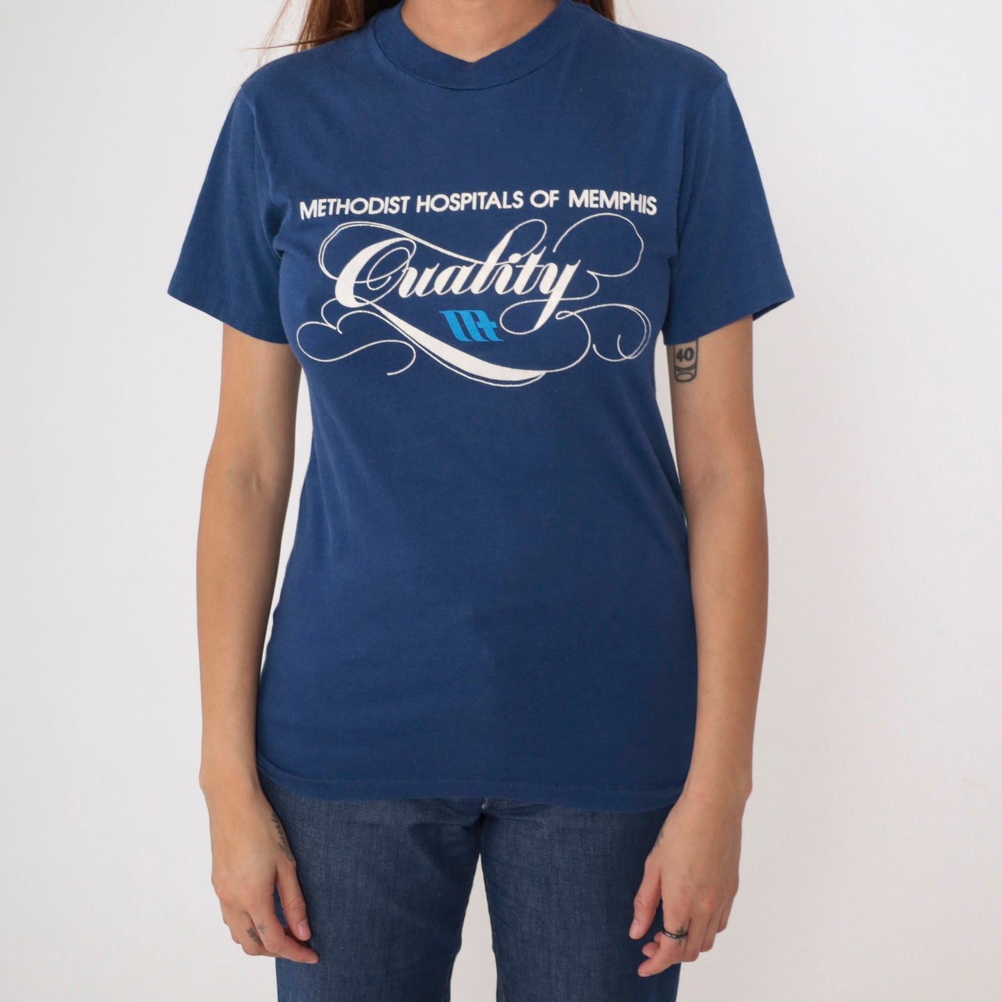 80s Methodist Hospitals of Memphis Graphic T-Shirt Blue Single Stitch Small