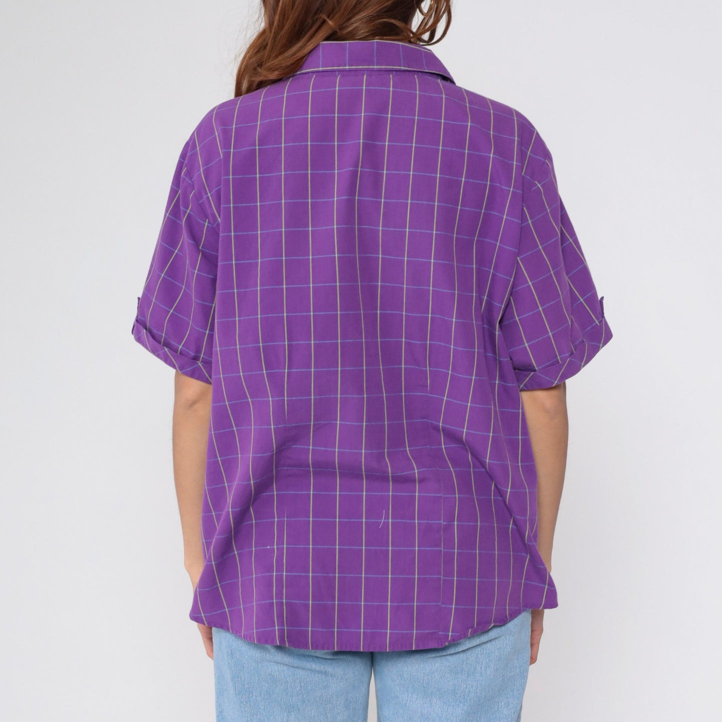 90s Purple Checkered Button-Up Blouse Short Sleeve Preppy Plus Size 18W