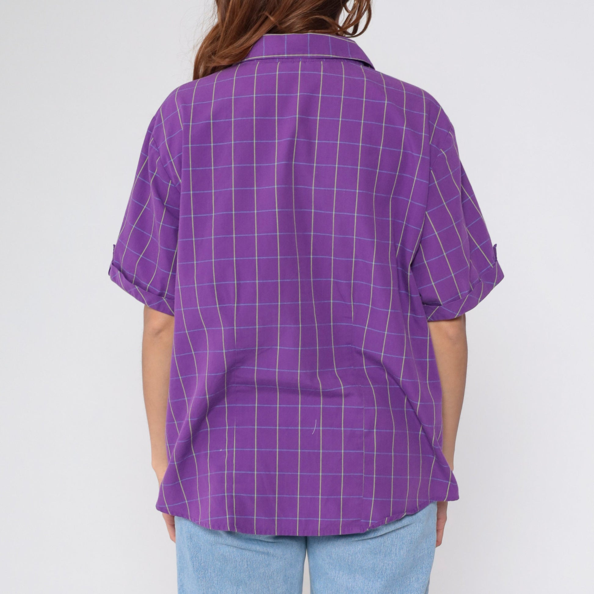 90s Purple Checkered Button-Up Blouse Short Sleeve Preppy Plus Size 18W