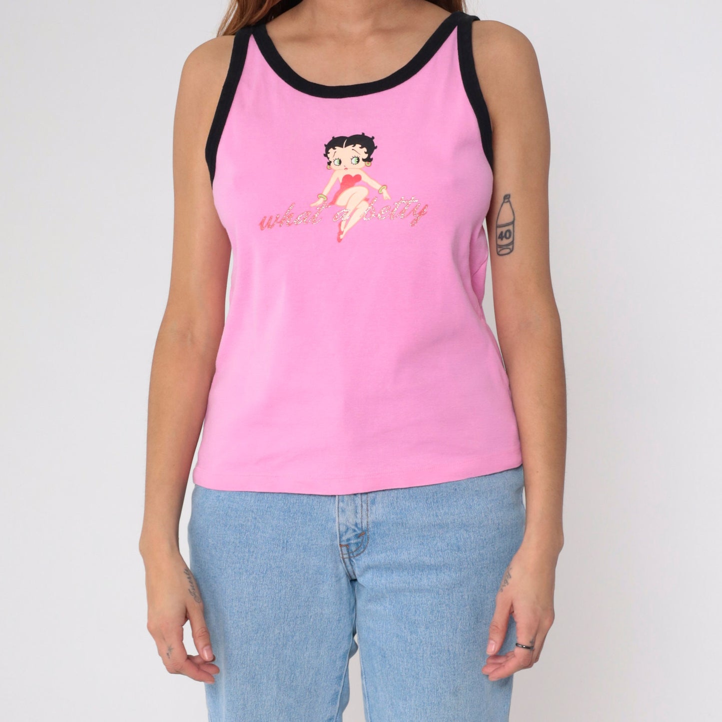 00s Betty Boop Tank Top 'What A Betty' Glitter Graphic Pink Black Ringer Medium