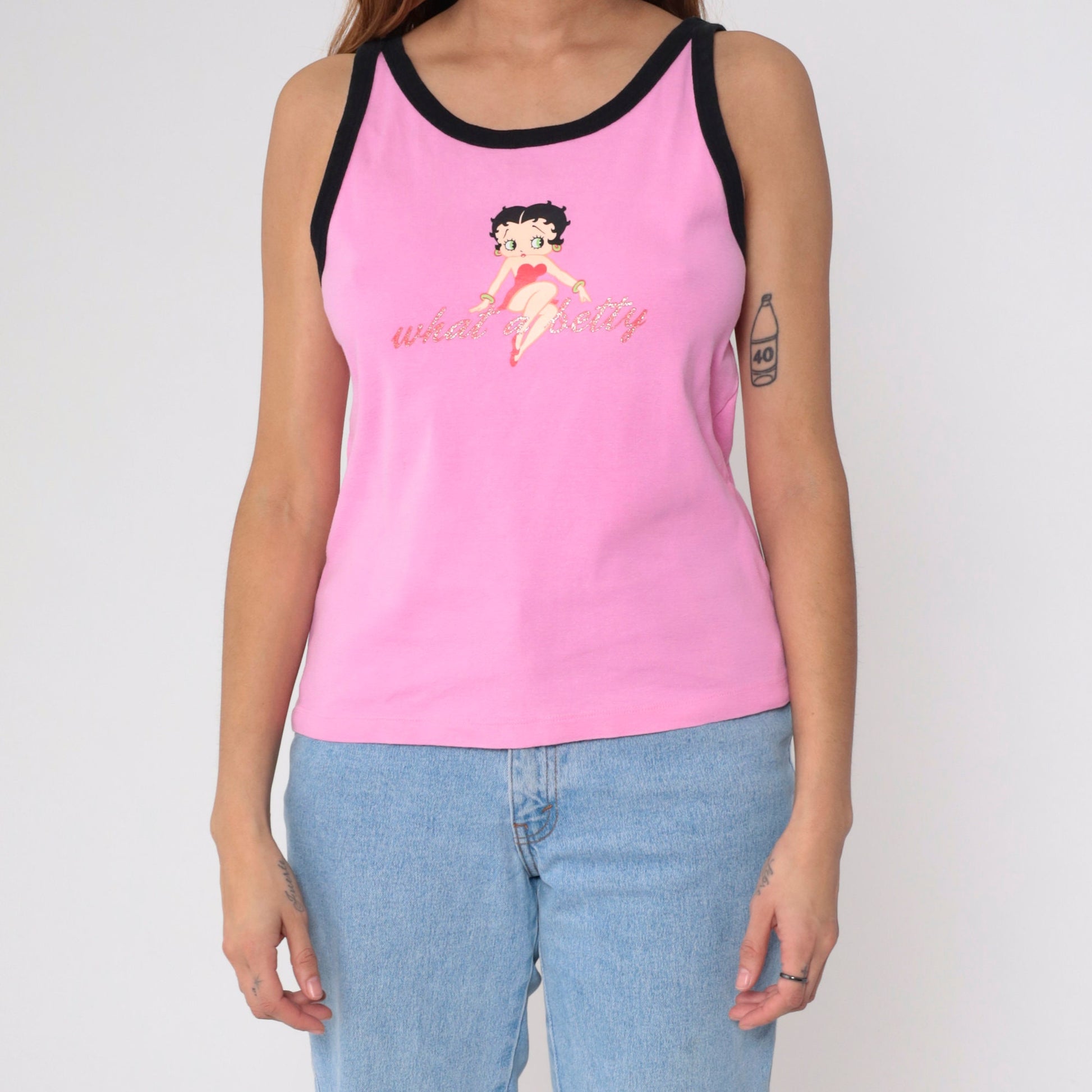00s Betty Boop Tank Top 'What A Betty' Glitter Graphic Pink Black Ringer Medium
