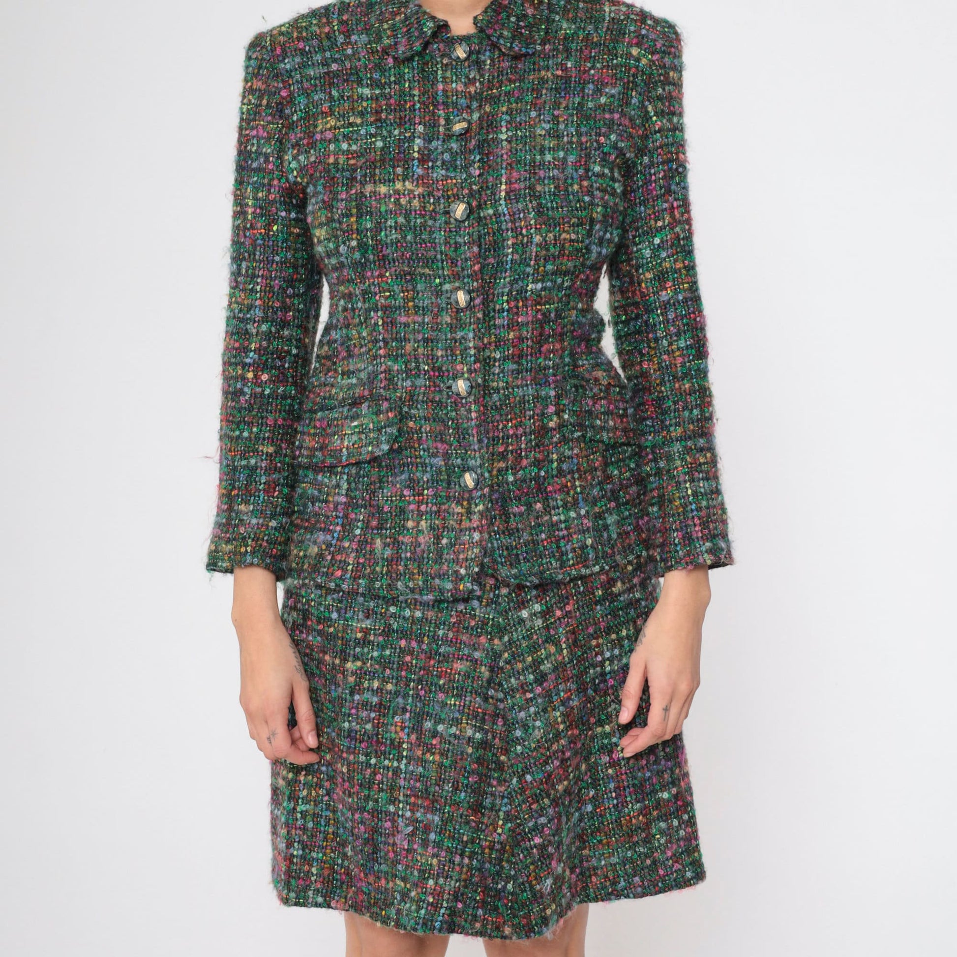 70s Multicolor Tweed Two Piece Suit Jacket and Pencil Skirt Set Medium M
