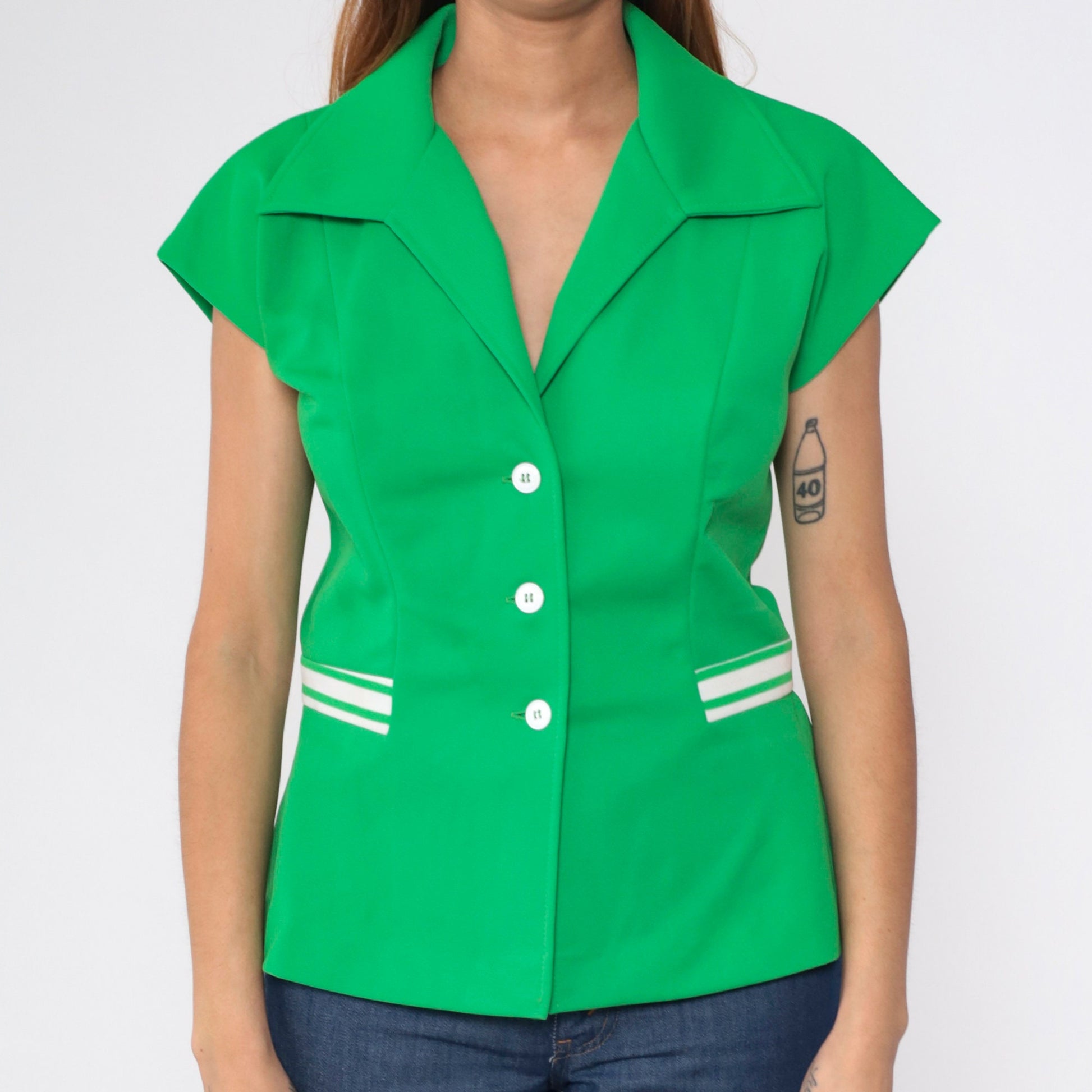 70s Green Button-Up Blouse White Striped Cap Sleeve Collared Shirt Medium