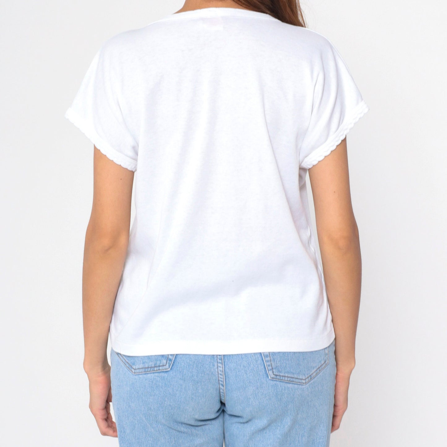 80s Allana of New York Floral Embroidered T-Shirt White Cap Sleeve V-Neck Large