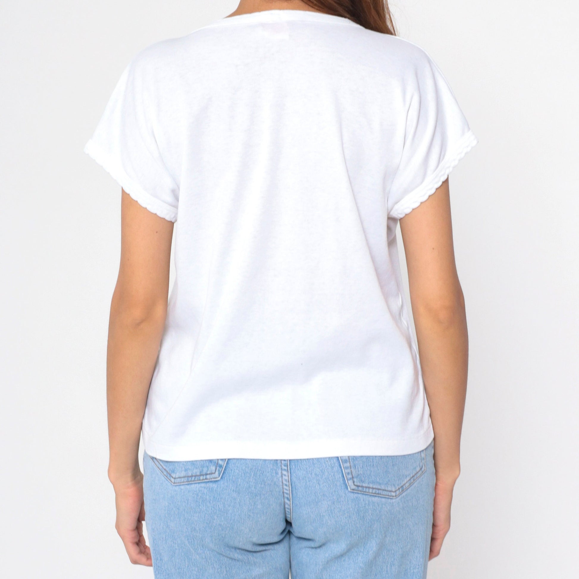 80s Allana of New York Floral Embroidered T-Shirt White Cap Sleeve V-Neck Large