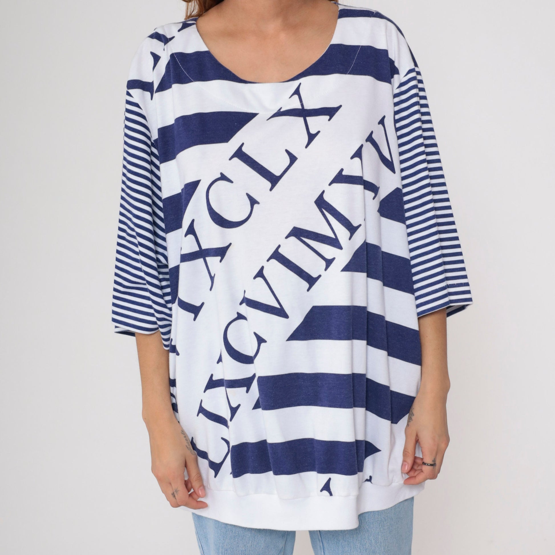 80s Roman Numerals Alphabet Graphic Tee Striped Sleeves White Blue Plus Size XXL