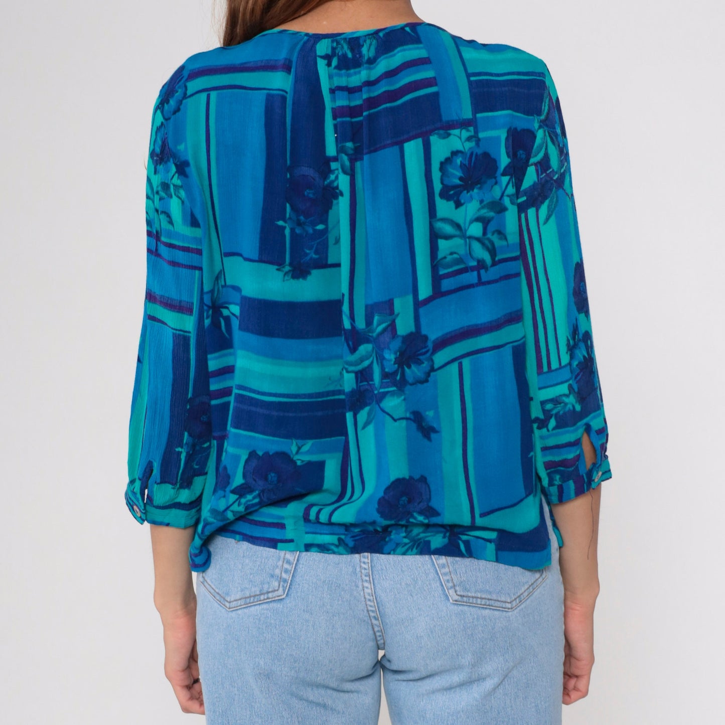 90s Dena Lauren Floral Blouse Tie Neck Blue Rayon 3/4 Sleeve Medium