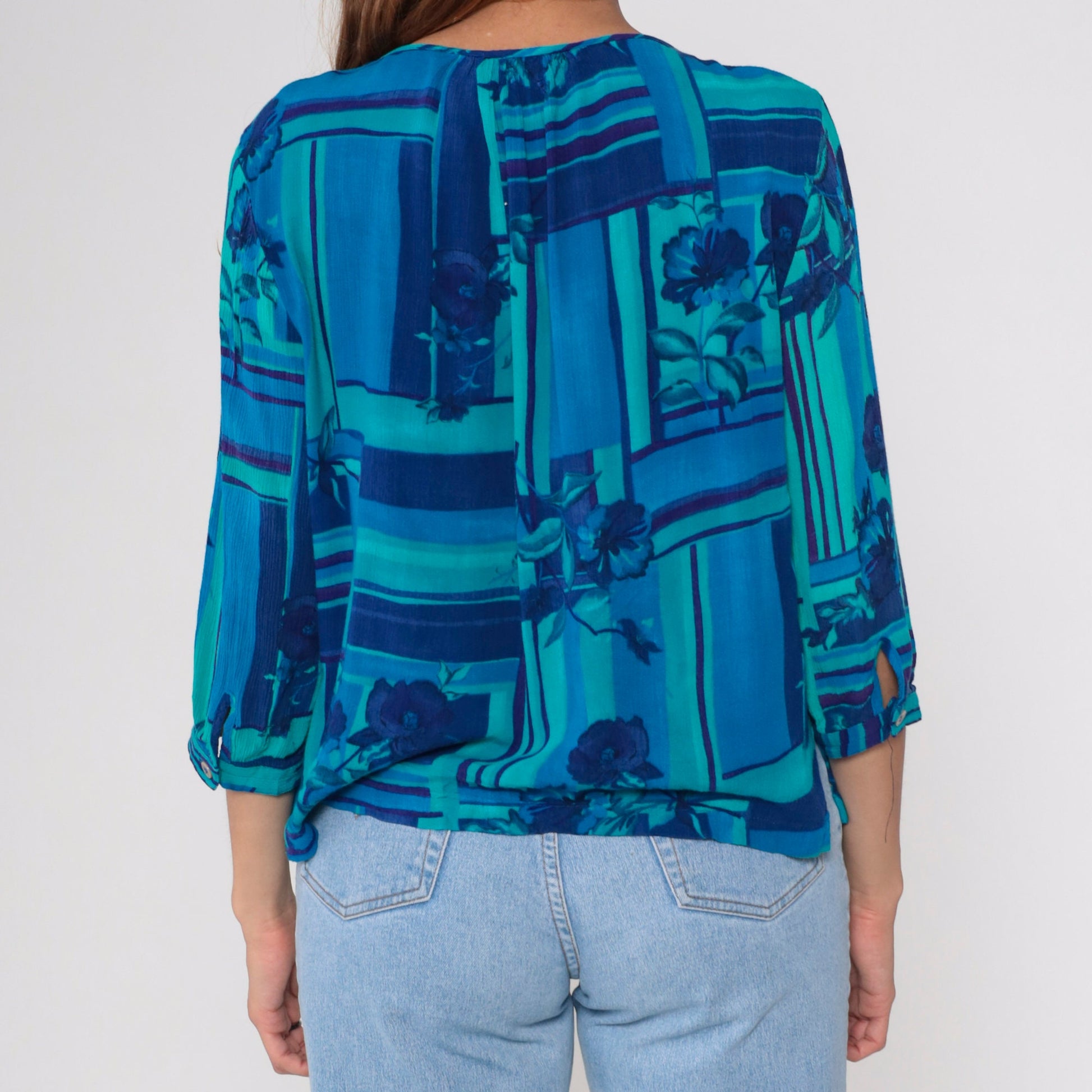 90s Dena Lauren Floral Blouse Tie Neck Blue Rayon 3/4 Sleeve Medium