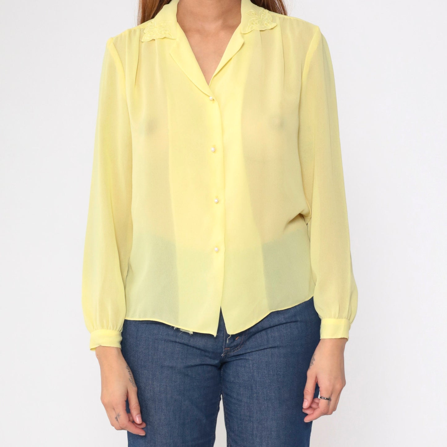 70s Yellow Sheer Blouse Floral Embroidered Collar Button-Up Long Sleeve Medium
