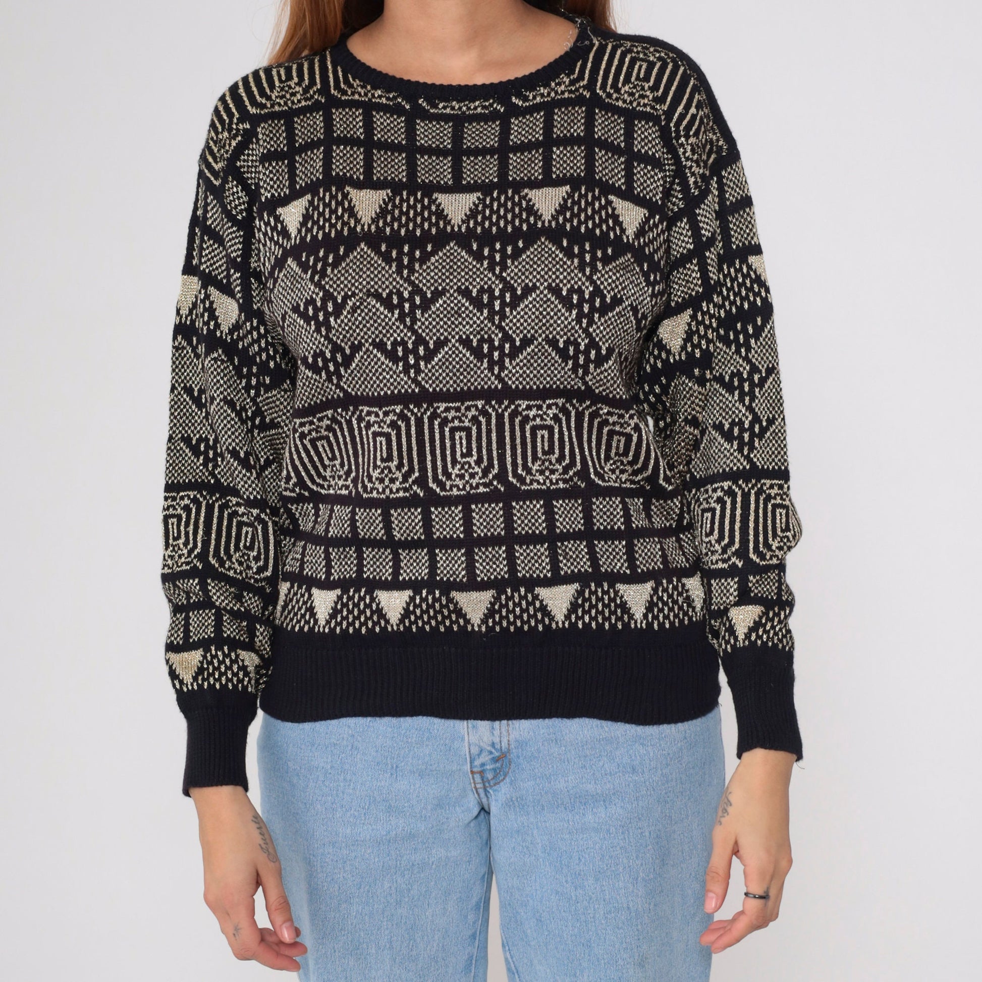 80s Campus Casuals Metallic Geometric Sweater Black Gold Jacquard Small