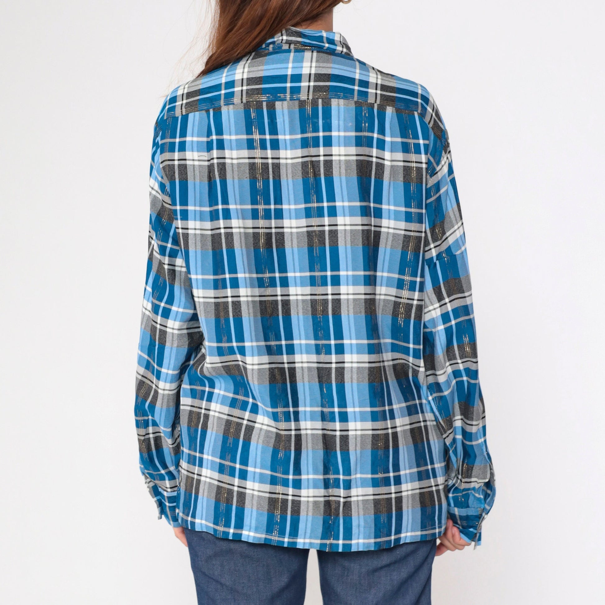 70s Metallic Plaid Blue Button-Up Shirt Pilgrim Western Long Sleeve Large