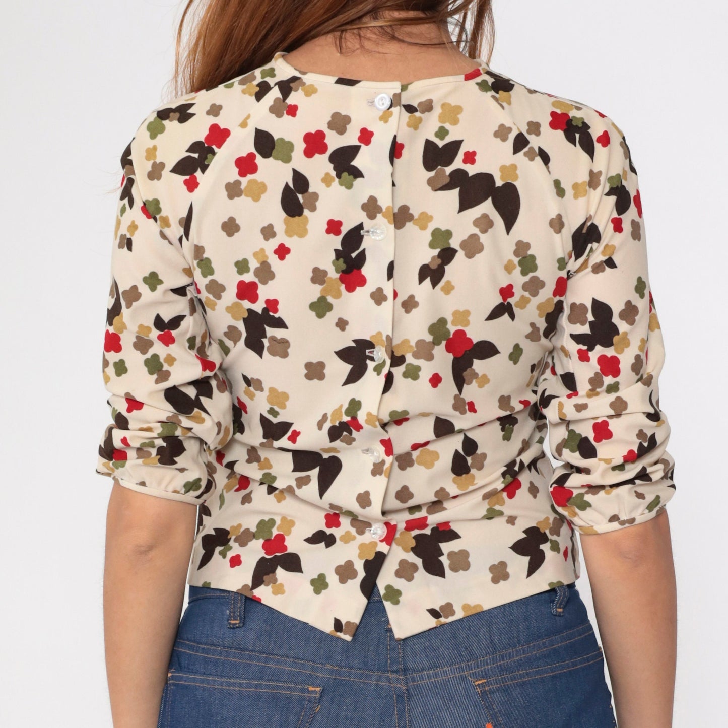 70s Cream Floral Abstract Crop Top Blouse Bow Neckline Raglan Sleeve Extra Small