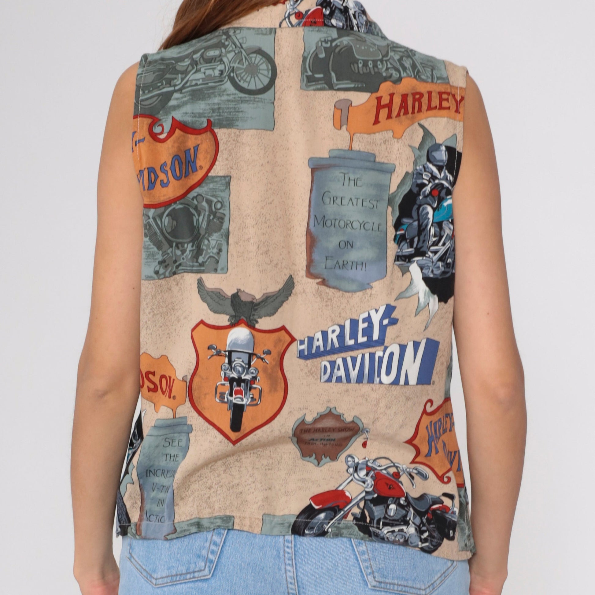 90s Harley Davidson Sleeveless Button-Up Shirt Tan Eagle Print Medium