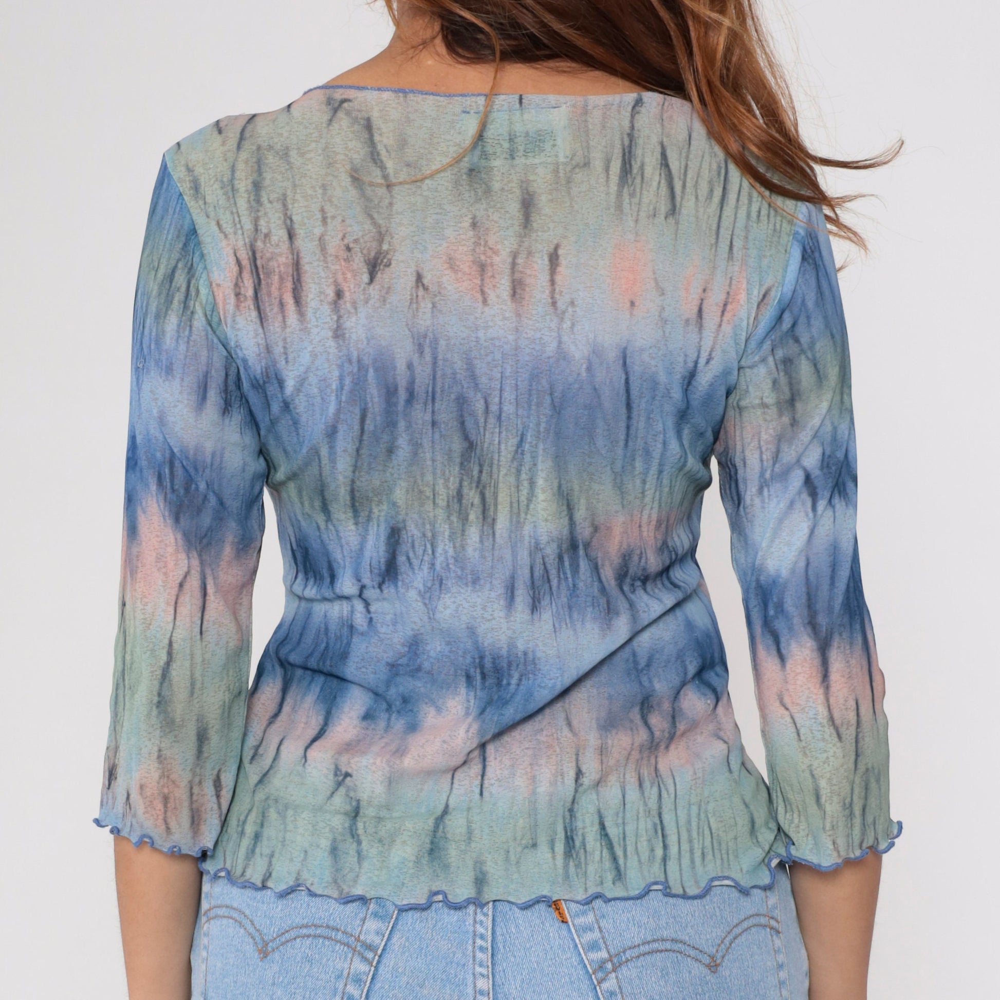 Y2K Tie Dye 3/4 Sleeve Top Lettuce Edge Semi-Sheer Blue Pink Green Medium
