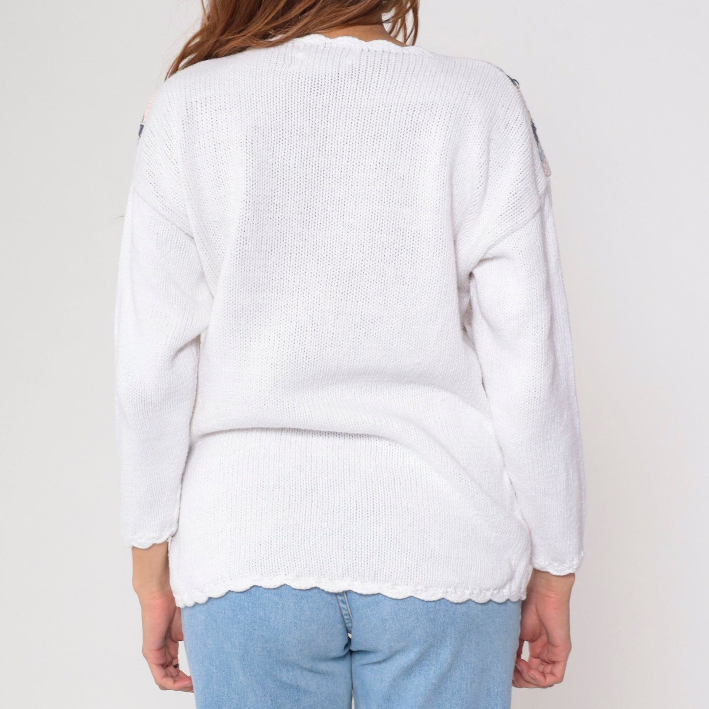90s Floral Knit Sweater White Embroidered Glitter Scalloped Pullover Small