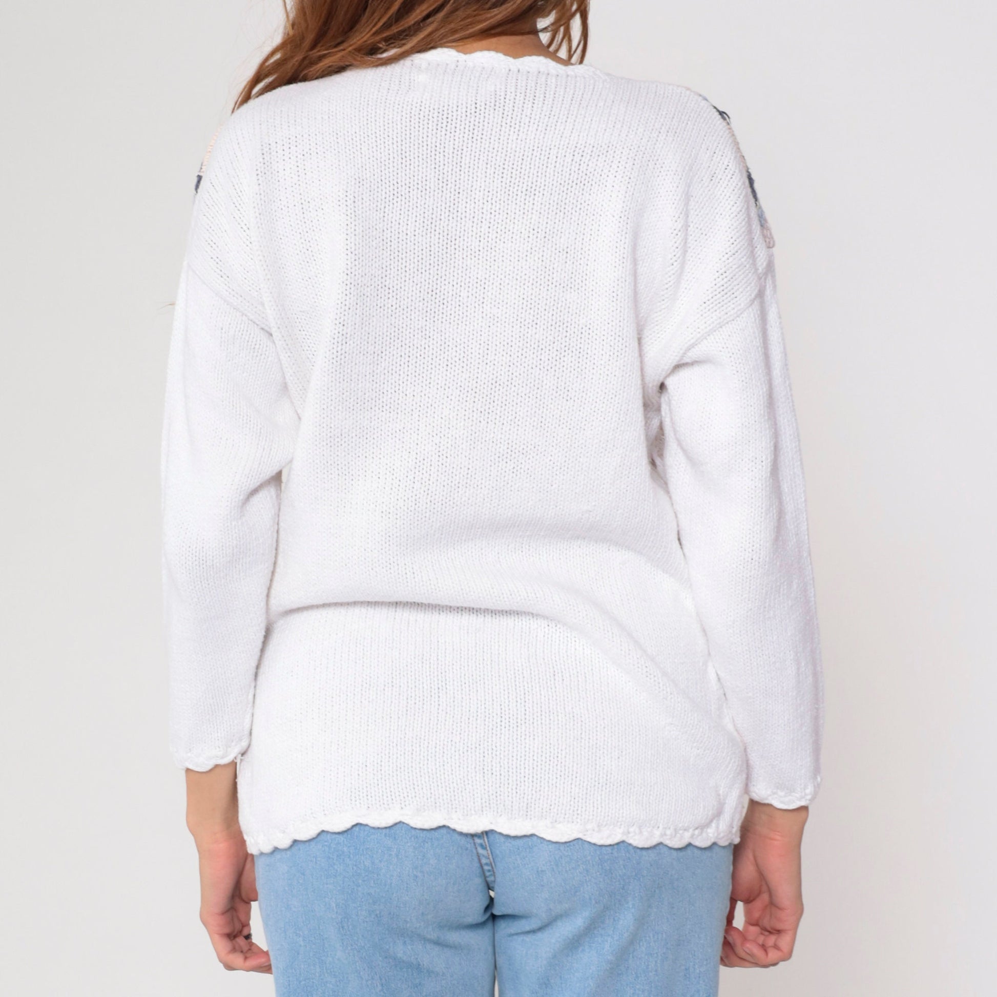 90s Floral Knit Sweater White Embroidered Glitter Scalloped Pullover Small
