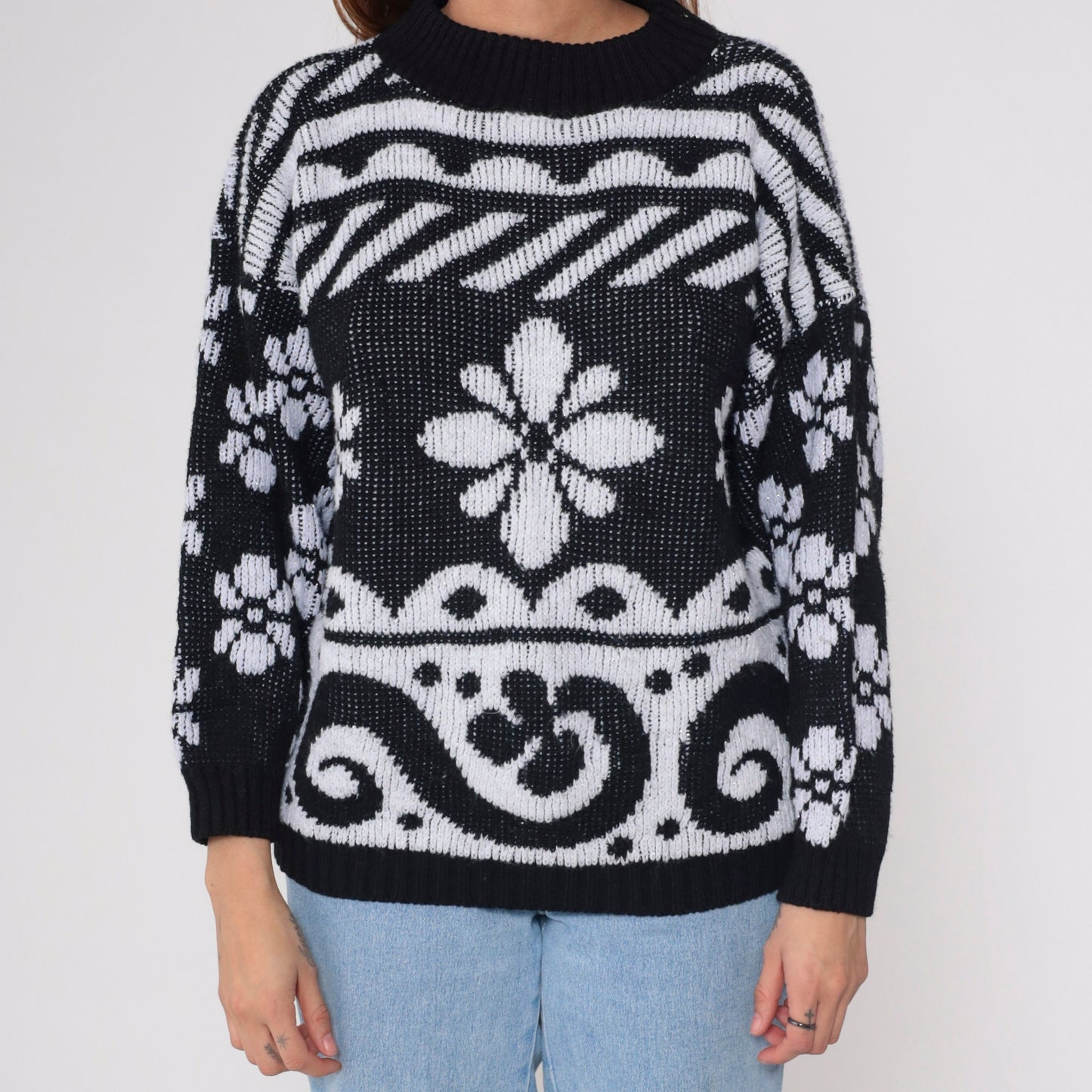 80s Black White Metallic Floral Knit Sweater Glitter Swirl Pullover Large L