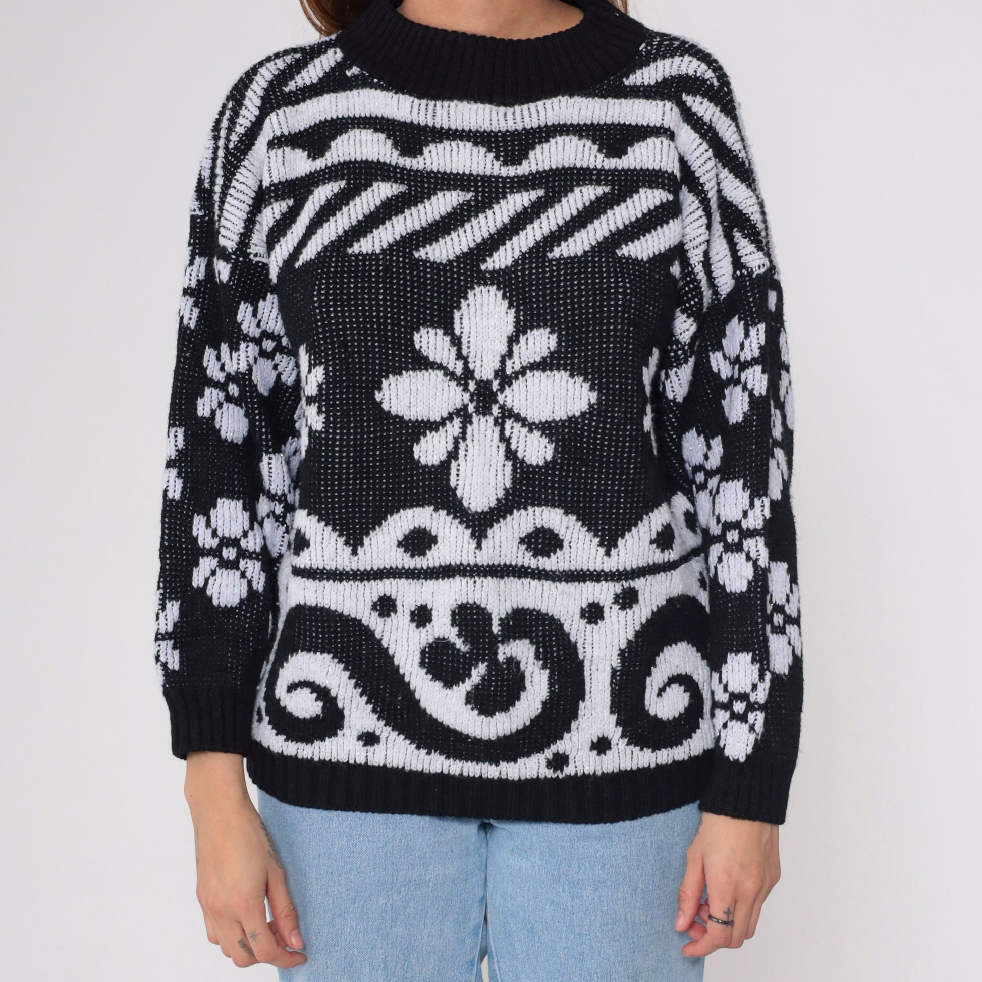 80s Black White Metallic Floral Knit Sweater Glitter Swirl Pullover Large L