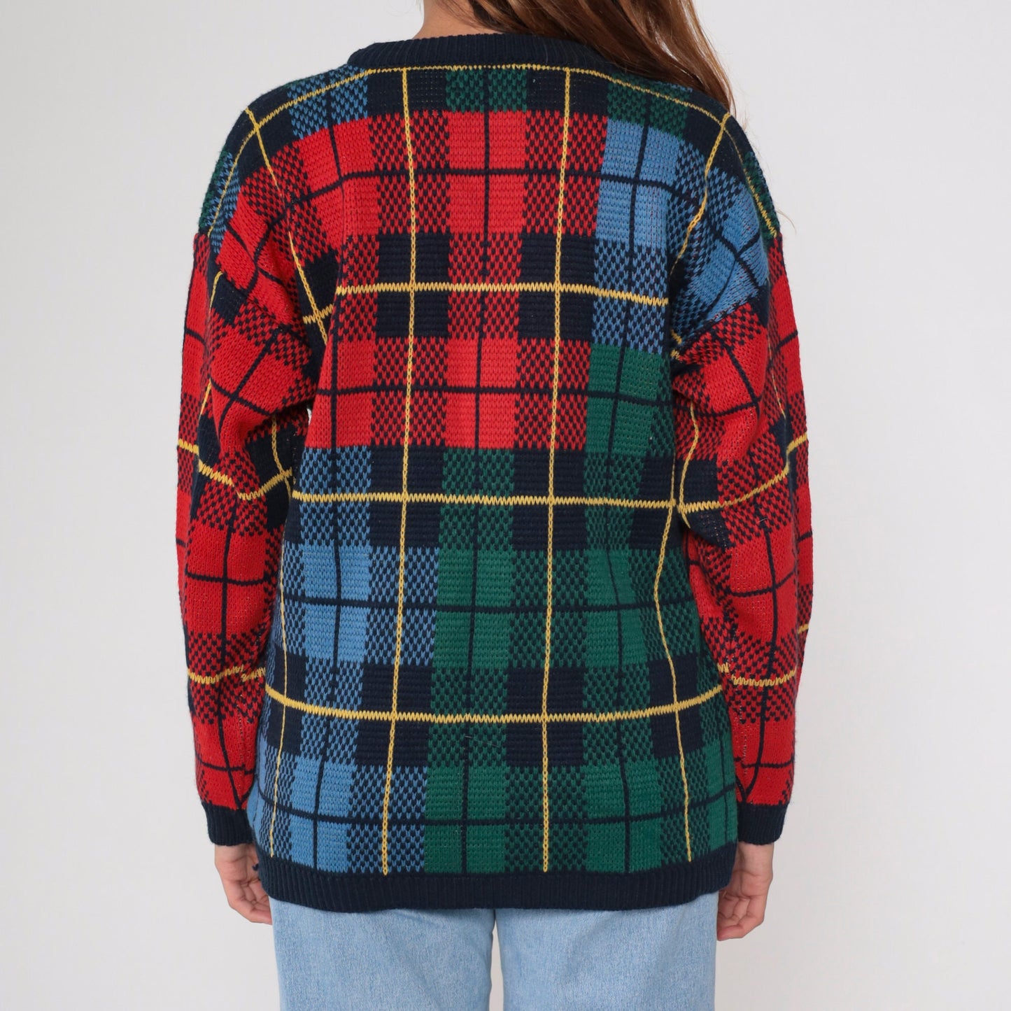 90s Silvercord Plaid Colour Block Sweater Red Green Blue Tartan Crewneck Medium