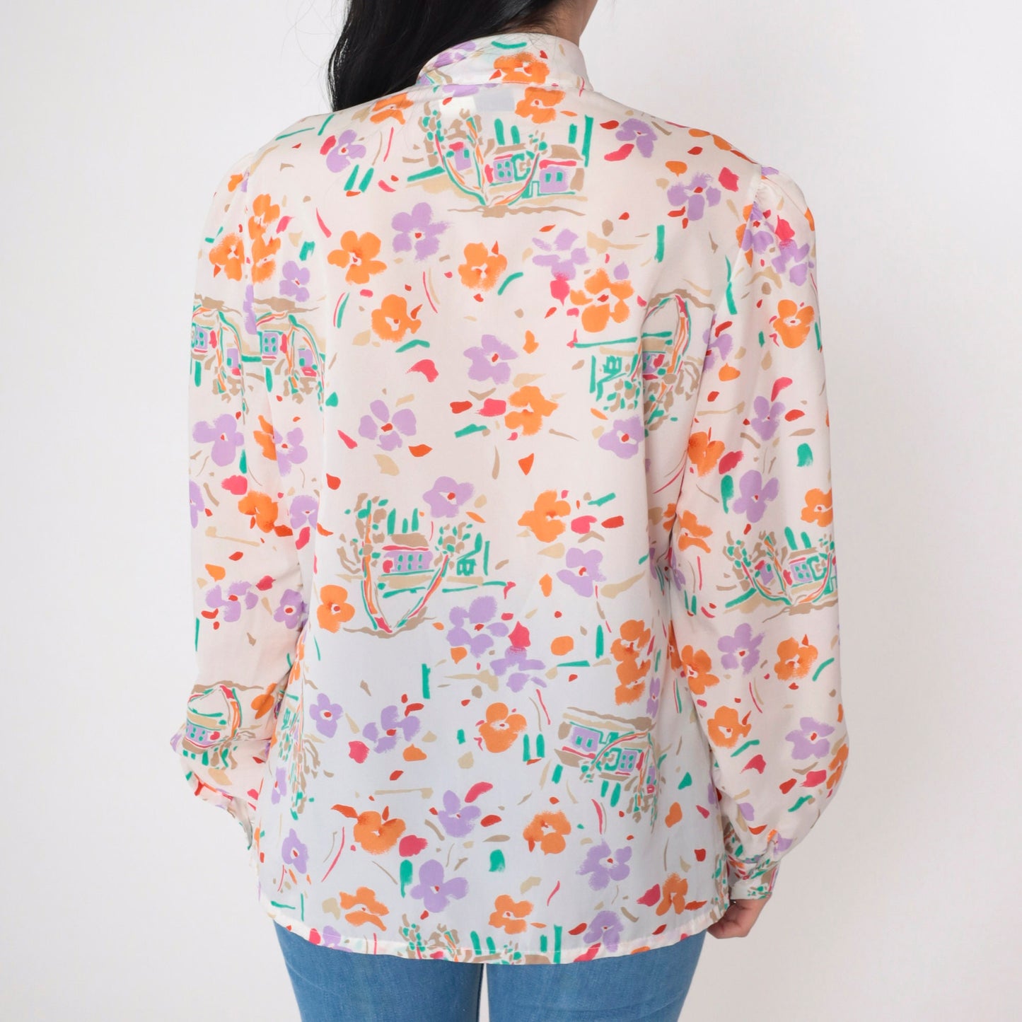 70s Floral Ascot Blouse Off-White Watercolor Print Puff Sleeve Button Up Medium Large