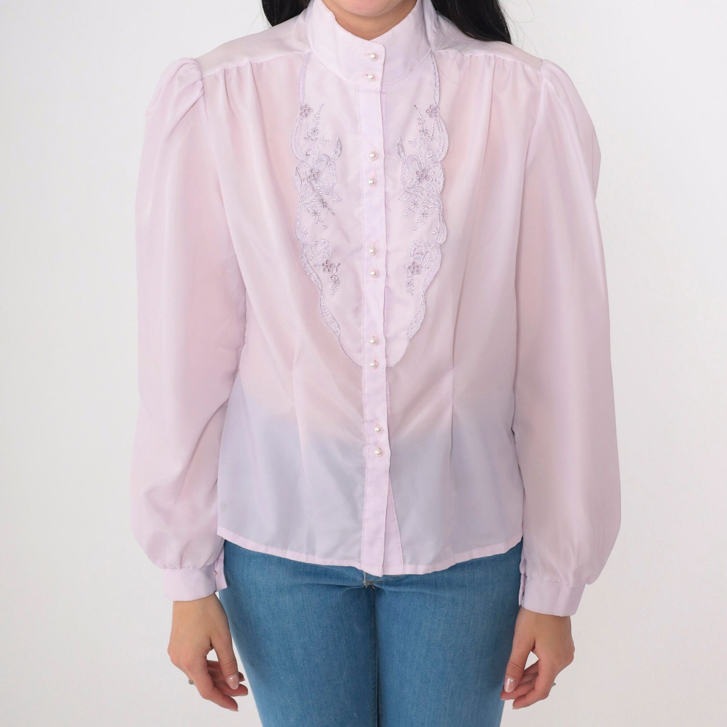 70s Lavender Embroidered Blouse Floral Cutwork Puff Sleeve Button Up Small