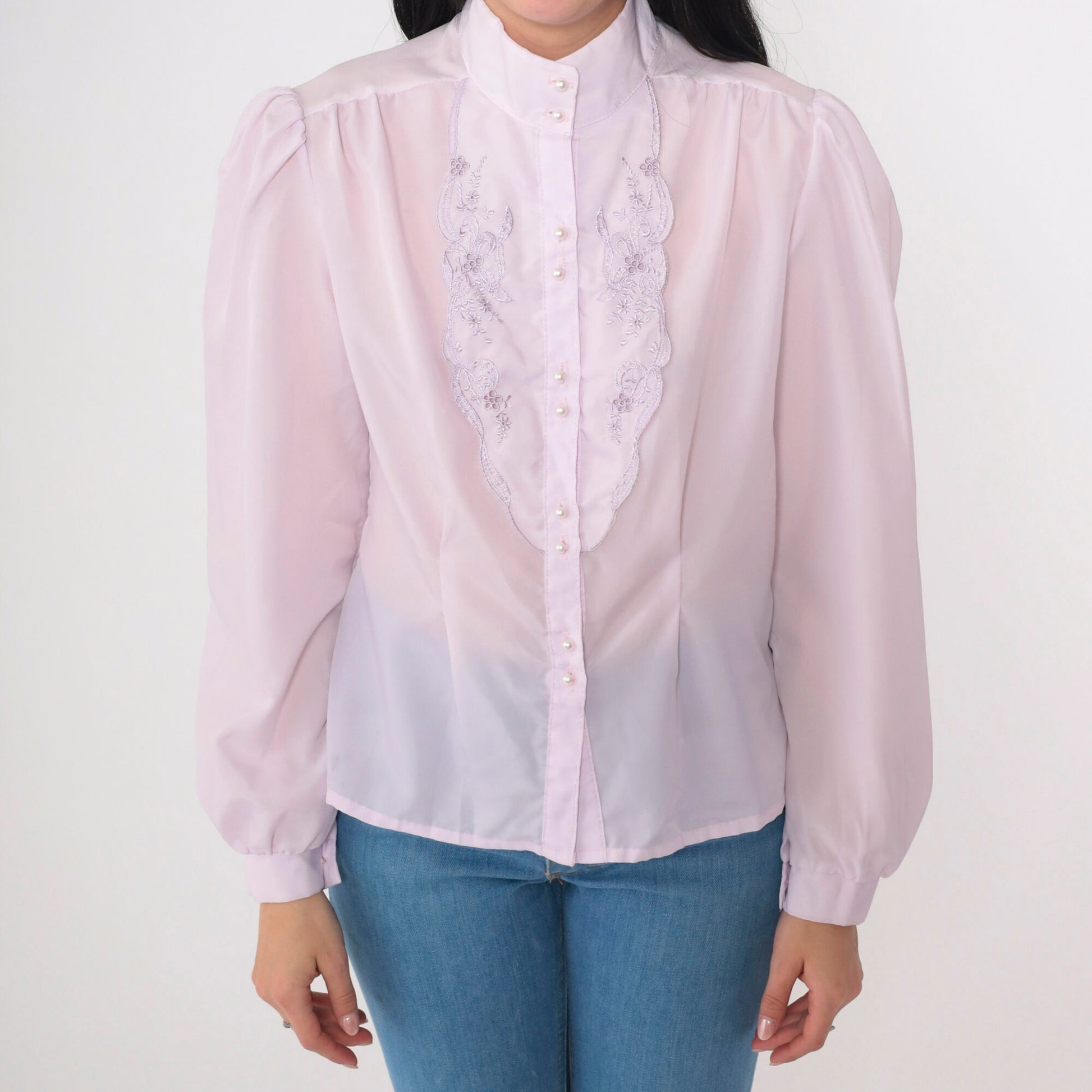70s Lavender Embroidered Blouse Floral Cutwork Puff Sleeve Button Up Small
