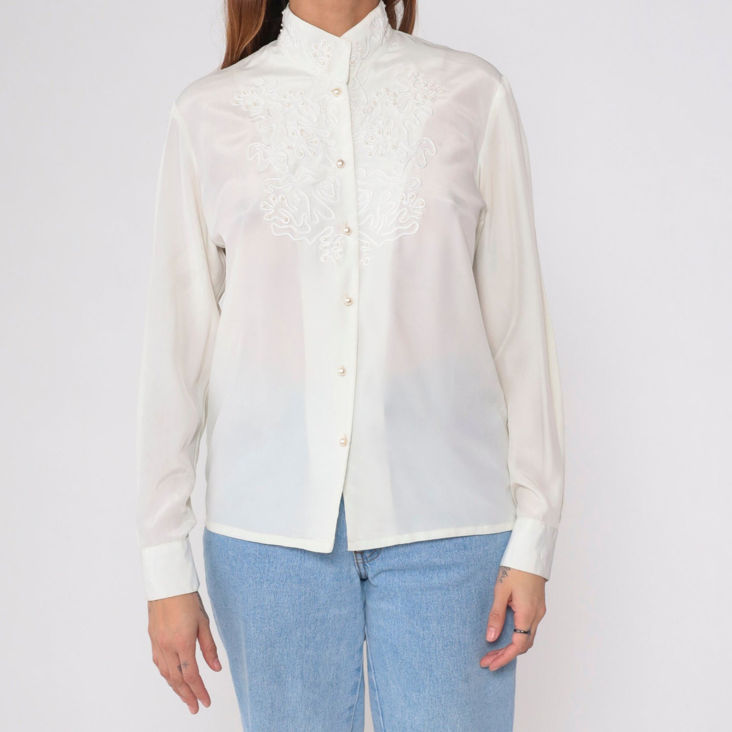 80s White Pearl Beaded Blouse Soutache Stand Collar Button-Up Medium