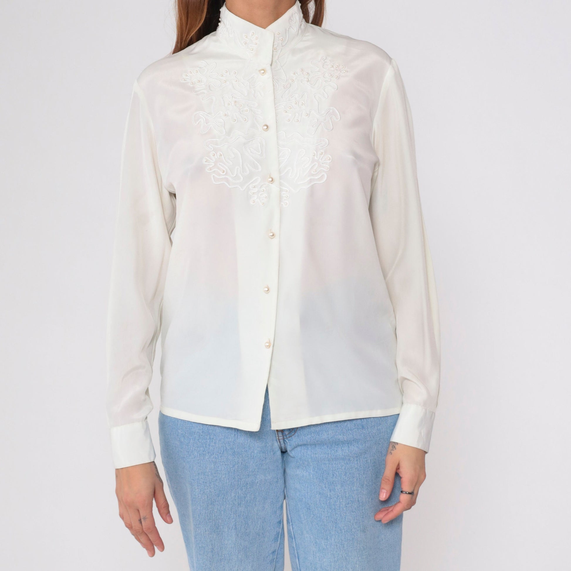 80s White Pearl Beaded Blouse Soutache Stand Collar Button-Up Medium