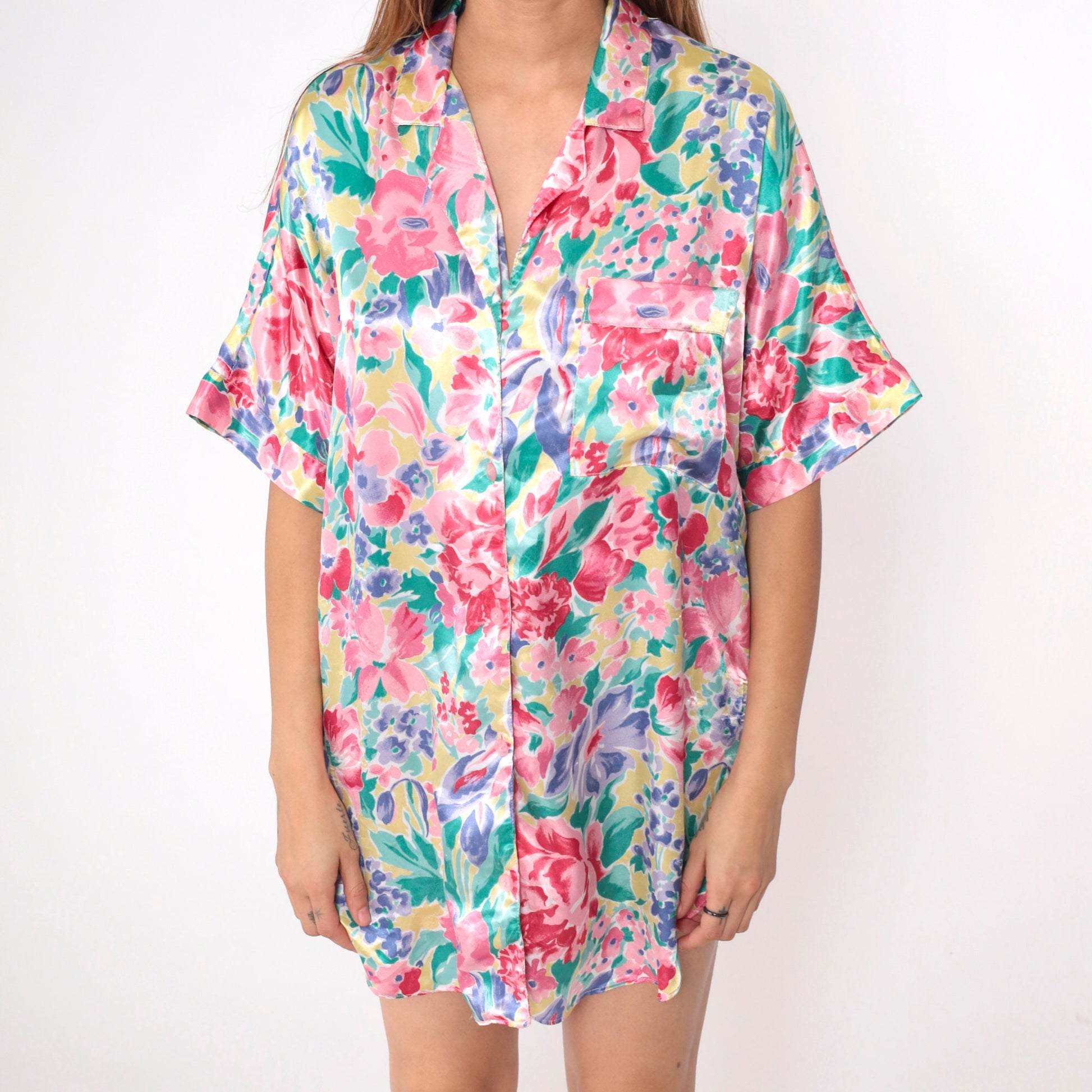 90s Nordstrom Floral Satin Nightgown Mini Button-Up Short Sleeve Multicolor Large