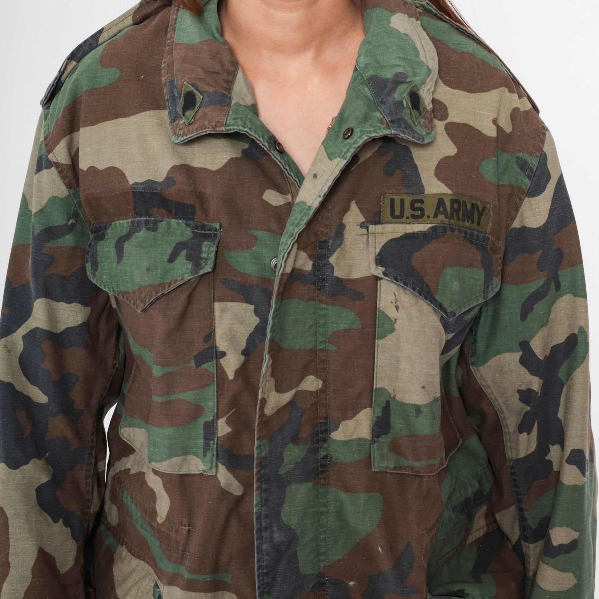 90s US Army Camouflage Field Jacket Distressed Utility Medium Short