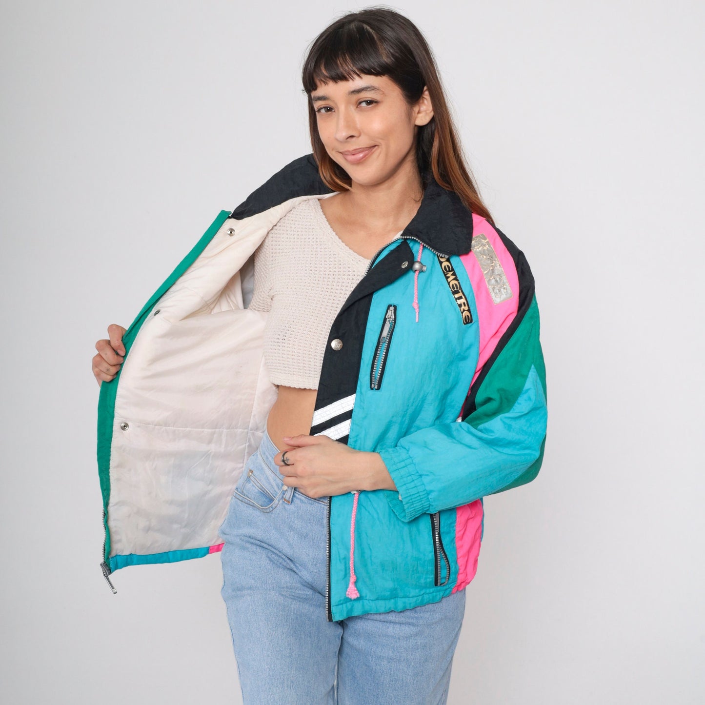 90s Demetre Ski Jacket Turquoise Hot Pink Color Block Puffer Small