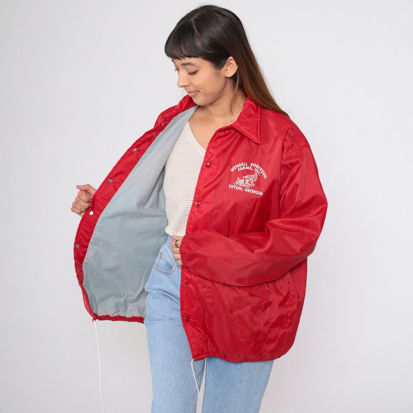 80s Wendell Roberson Farms Tifton Georgia Snap Windbreaker Jacket Red Large L