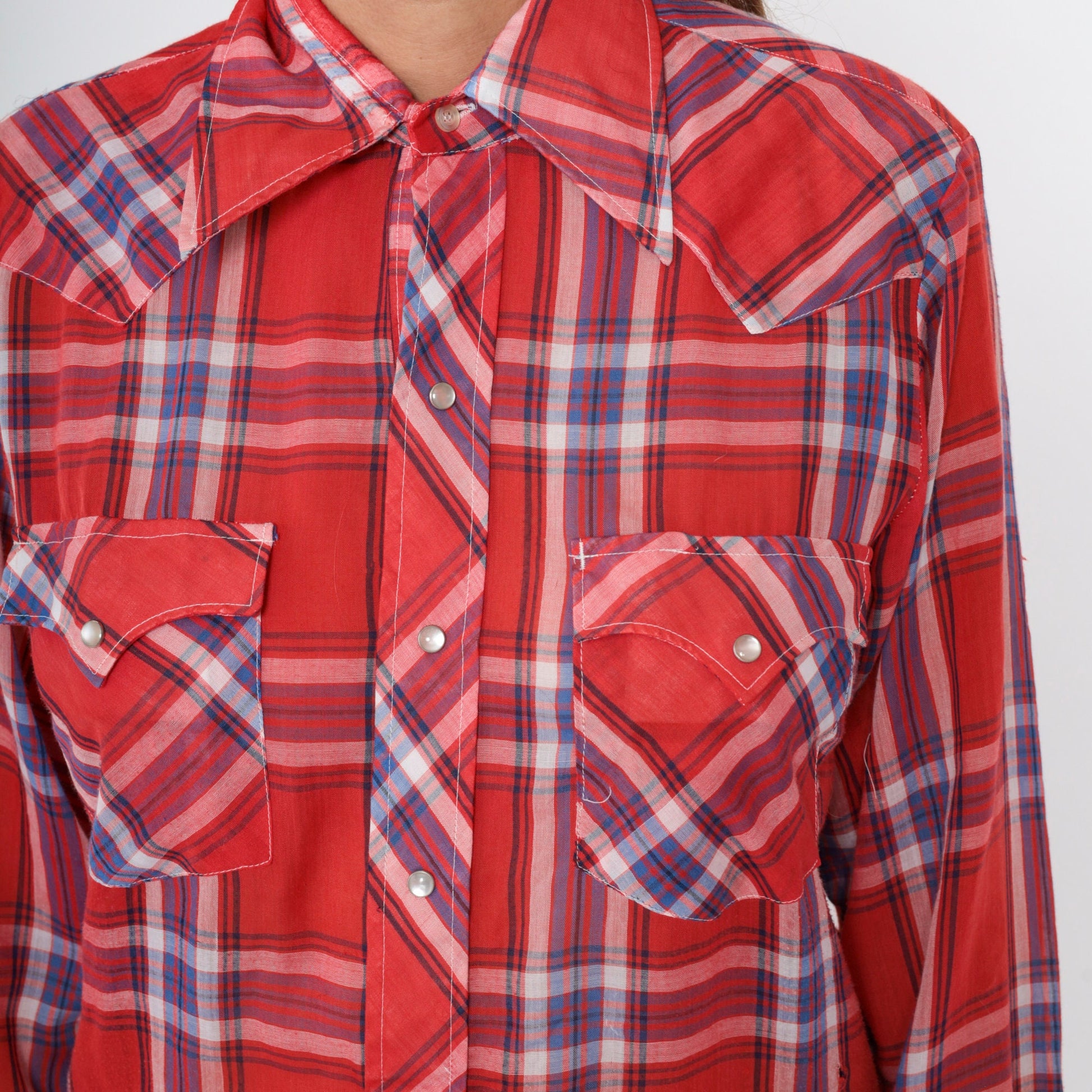 70s Red Plaid Western Shirt Pearl Snap Button Up Long Sleeve Medium