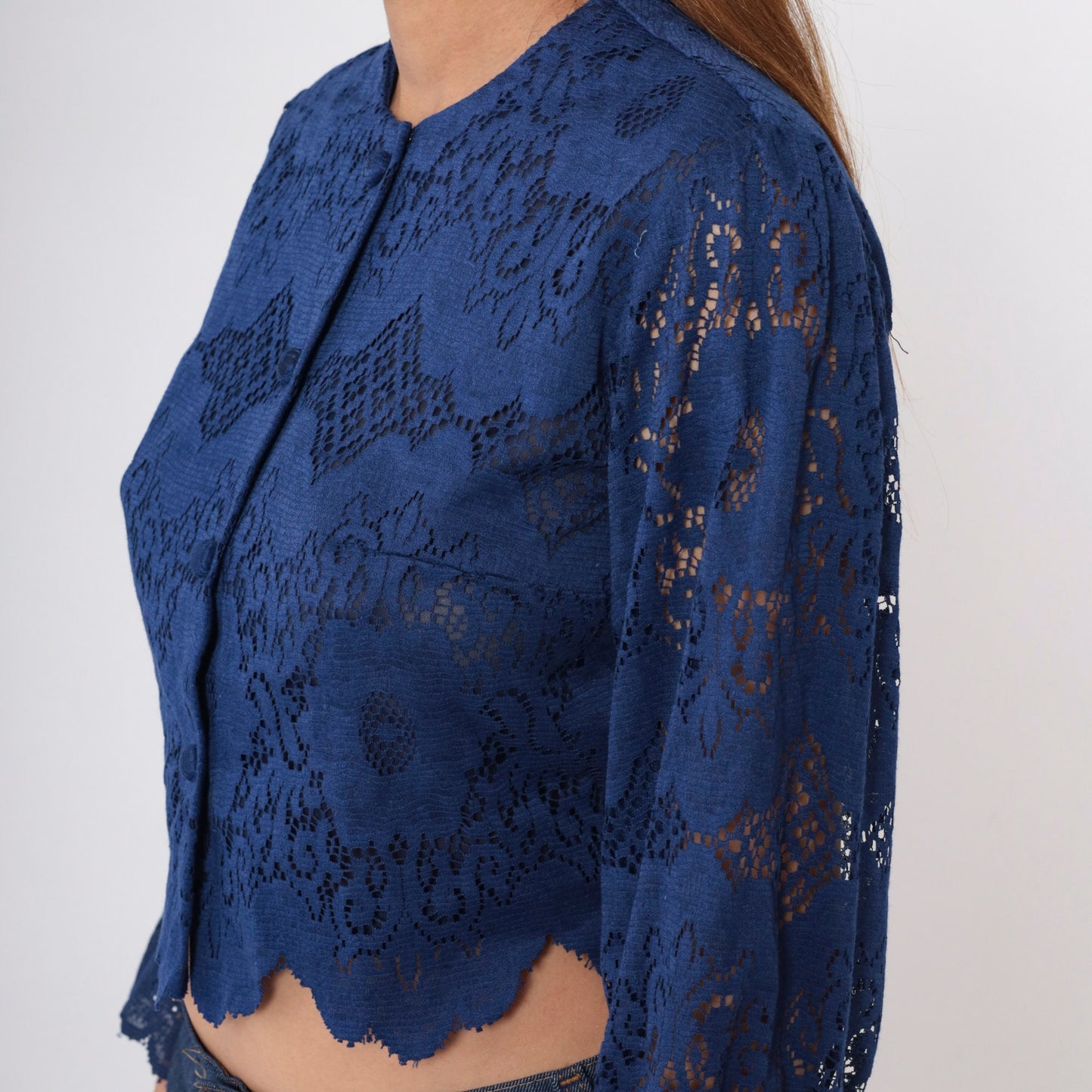 70s Dark Blue Lace Blouse Puff Sleeve Button-Up Crop Top Scalloped Small Medium