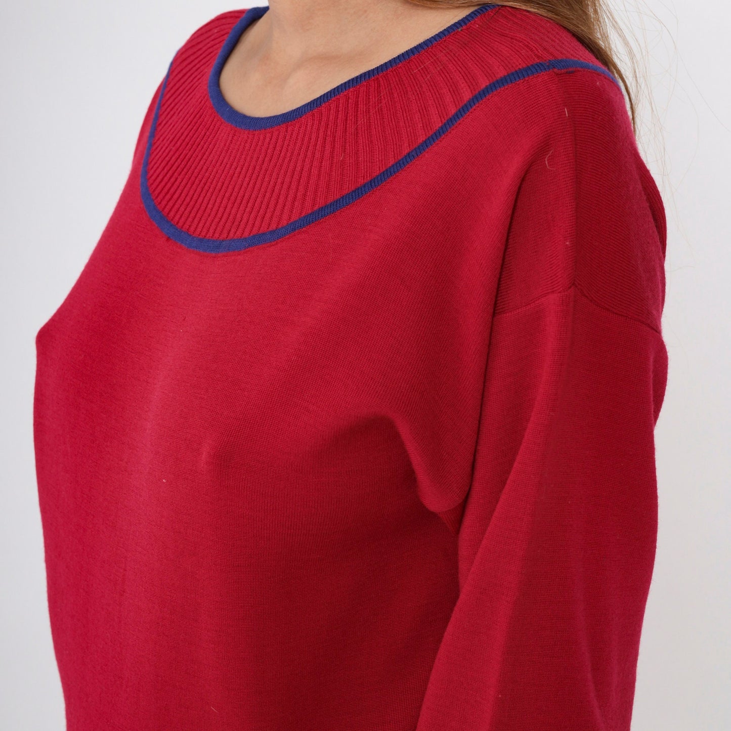 70s Goldworm Cherry Red Wool Sweater Blue Ringer Neck Pullover Small