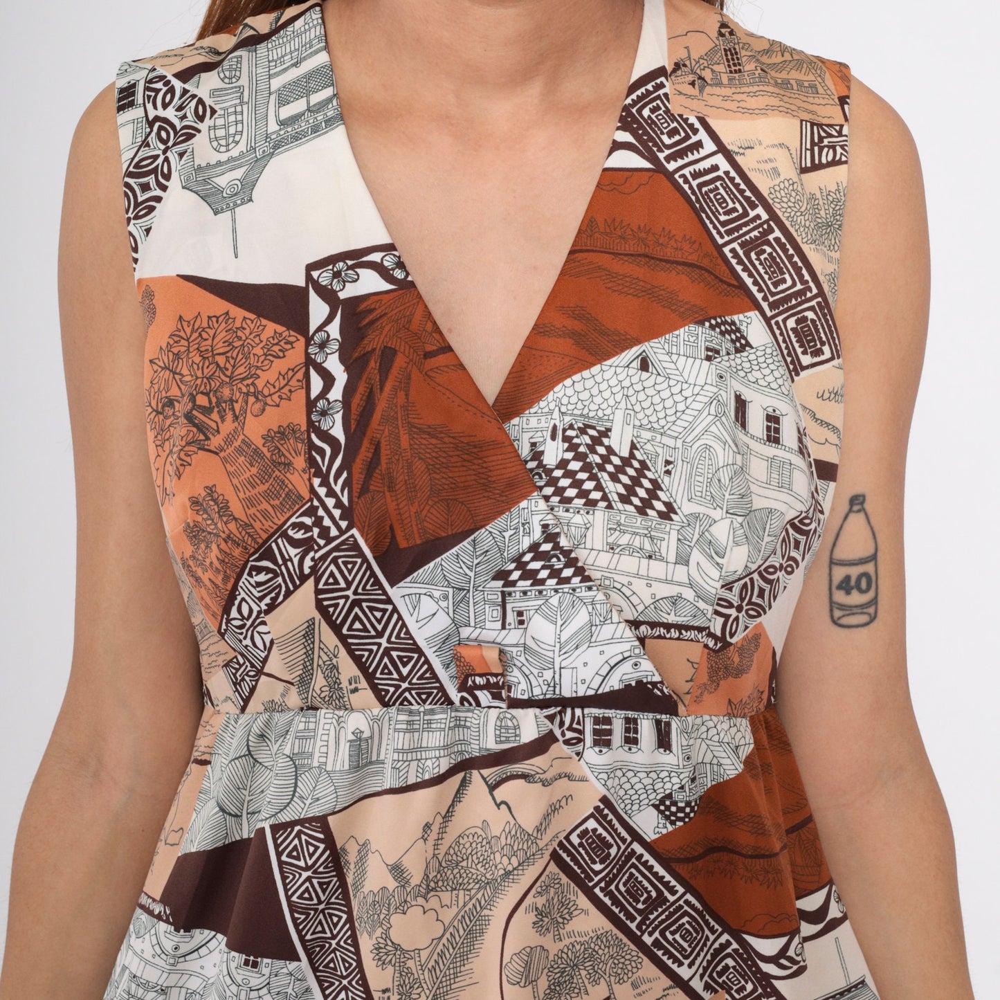 70s Patchwork Architecture Maxi Dress V-Neck Wrap High Waist Orange Brown Medium