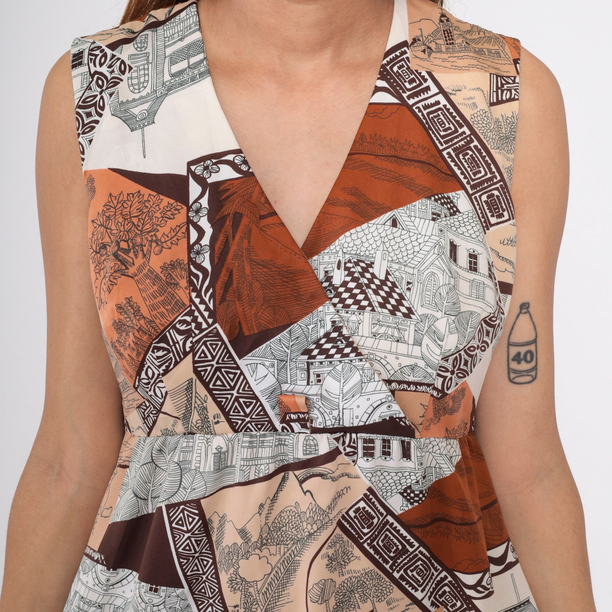 70s Patchwork Architecture Maxi Dress V-Neck Wrap High Waist Orange Brown Medium