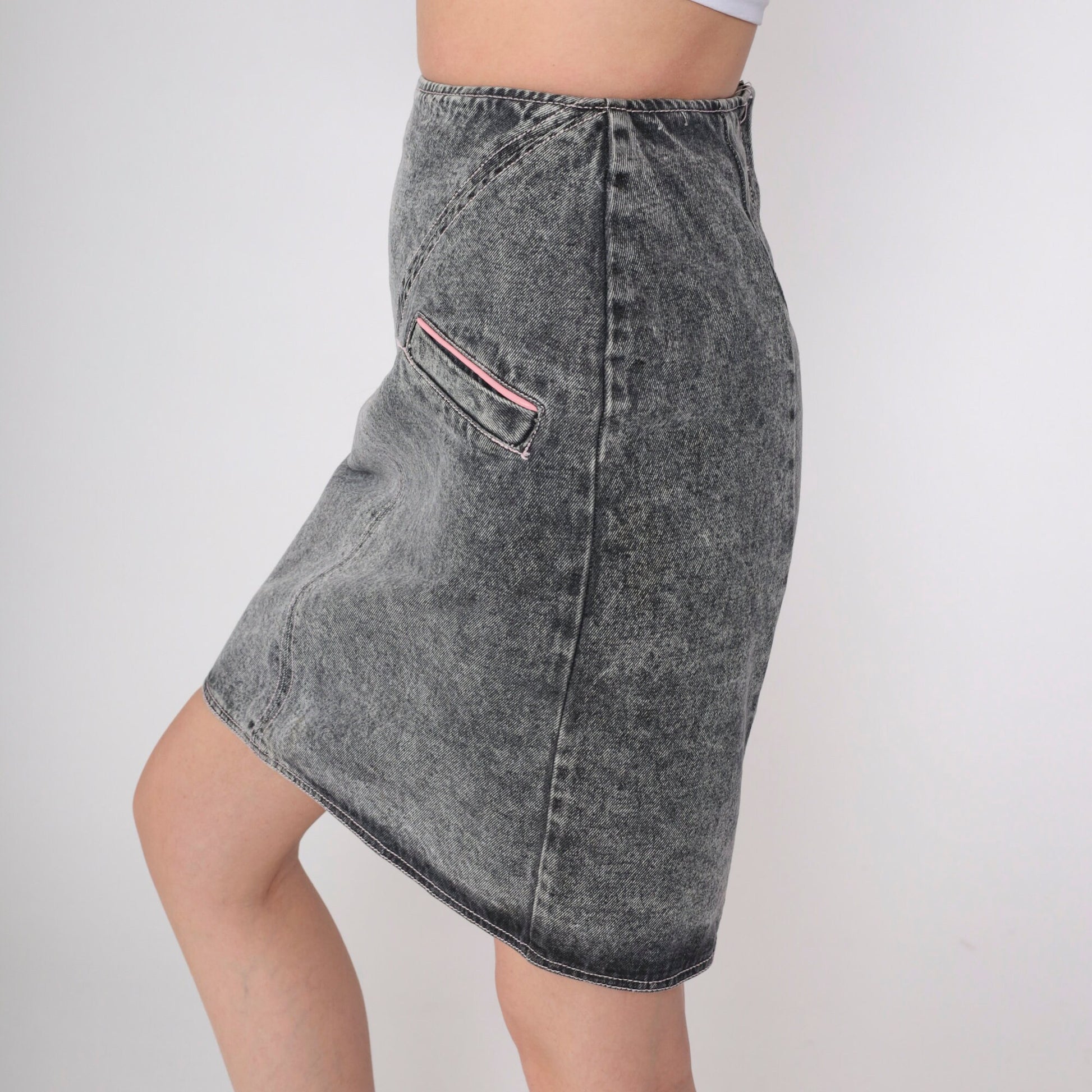 90s Acid Wash Denim Mini Skirt Grey Pink Lace Up High Waist Extra Small