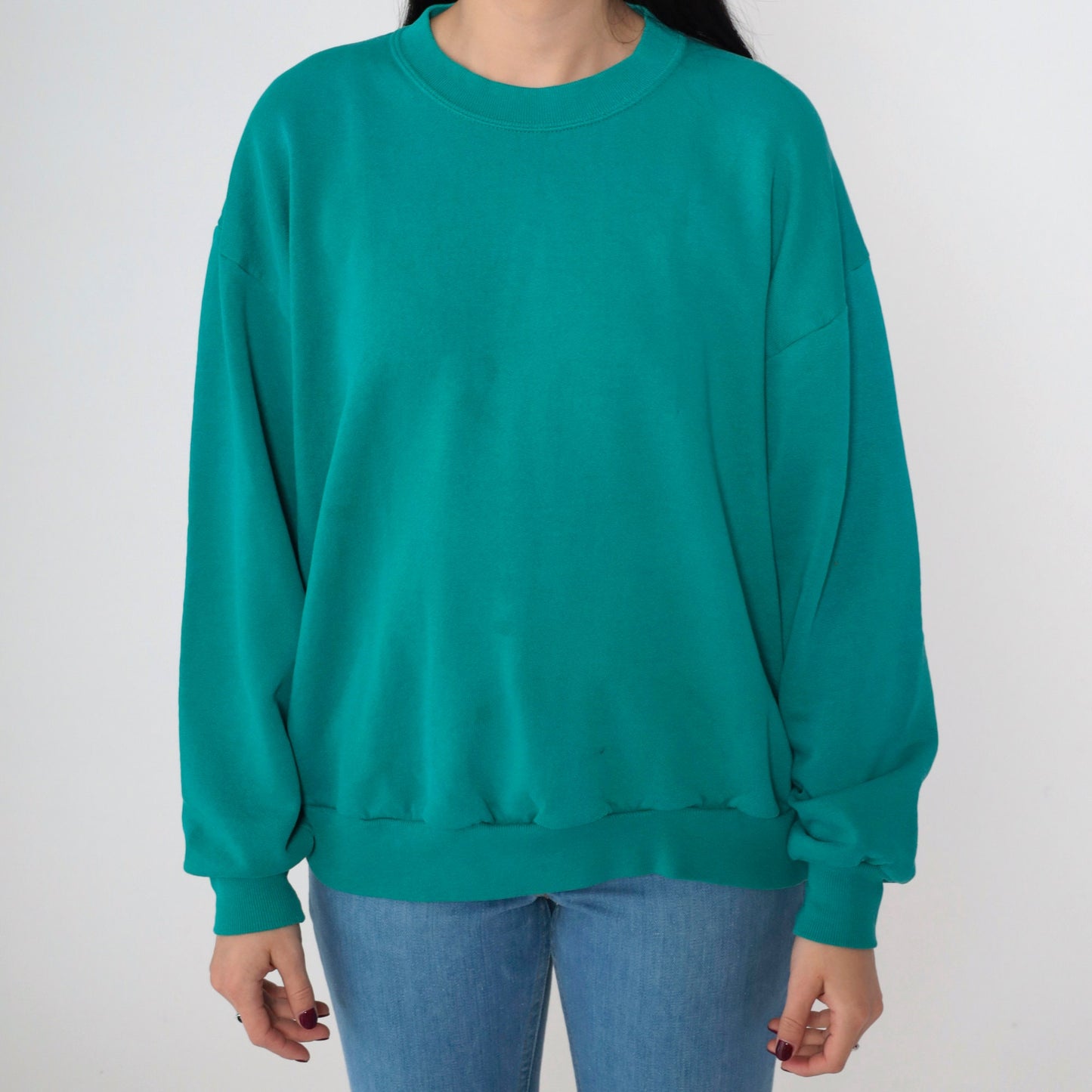 90s Teal Crewneck Sweatshirt Plain Long Sleeve Pullover Large