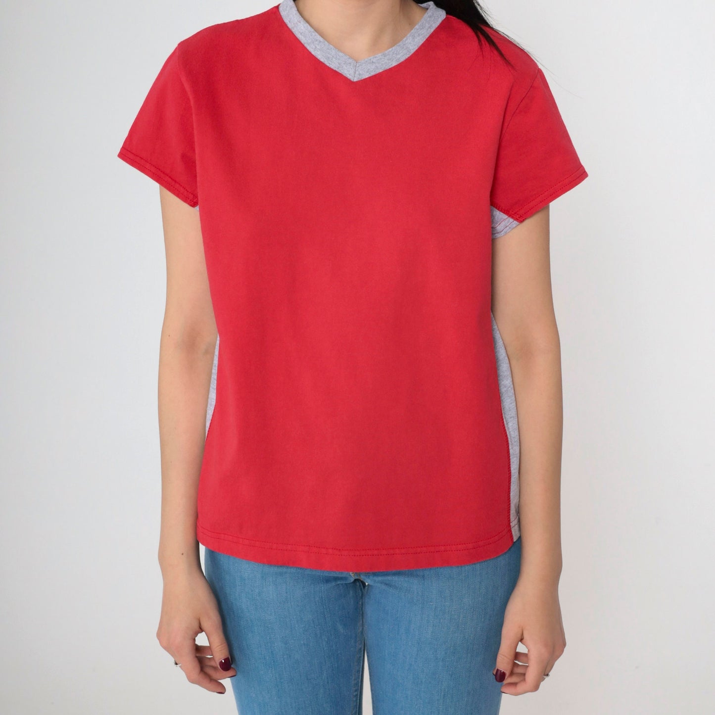 90s Bike Ringer T-Shirt Red Grey Striped V-Neck Cotton Tee Medium